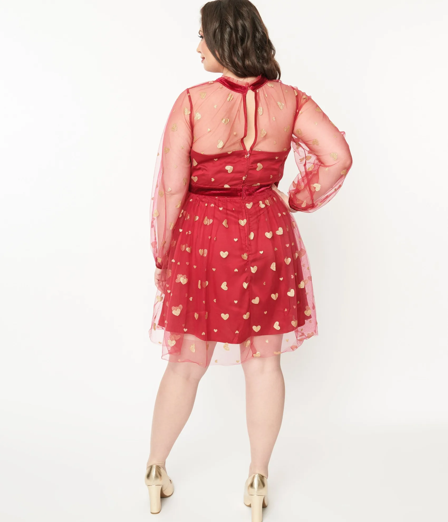 Unique Vintage Plus Size Red & Gold Glitter Heart Flare Dress Shop