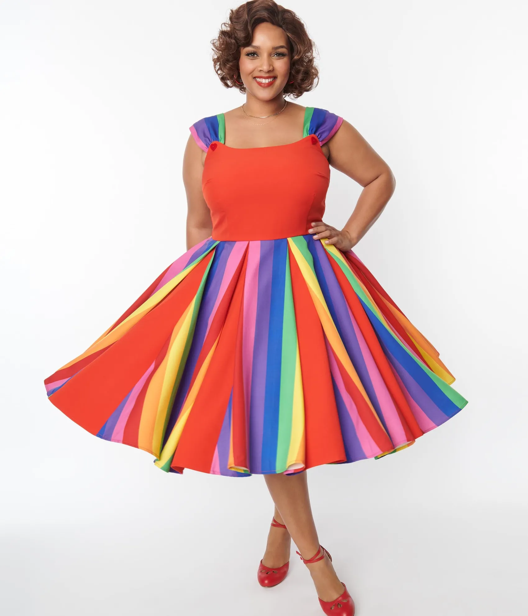 Unique Vintage Plus Size Red & Rainbow Stripe Swing Dress Online