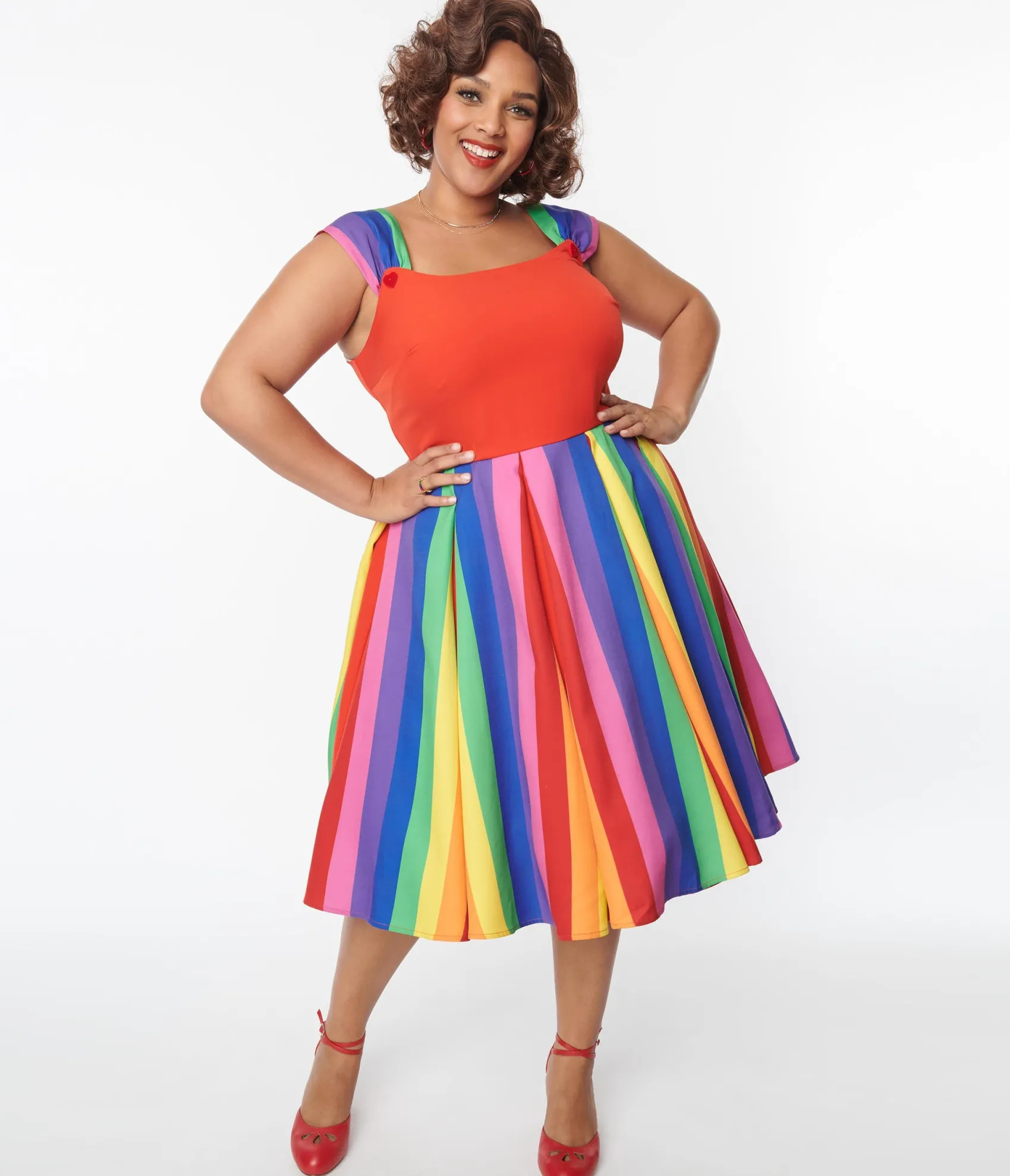 Unique Vintage Plus Size Red & Rainbow Stripe Swing Dress Online
