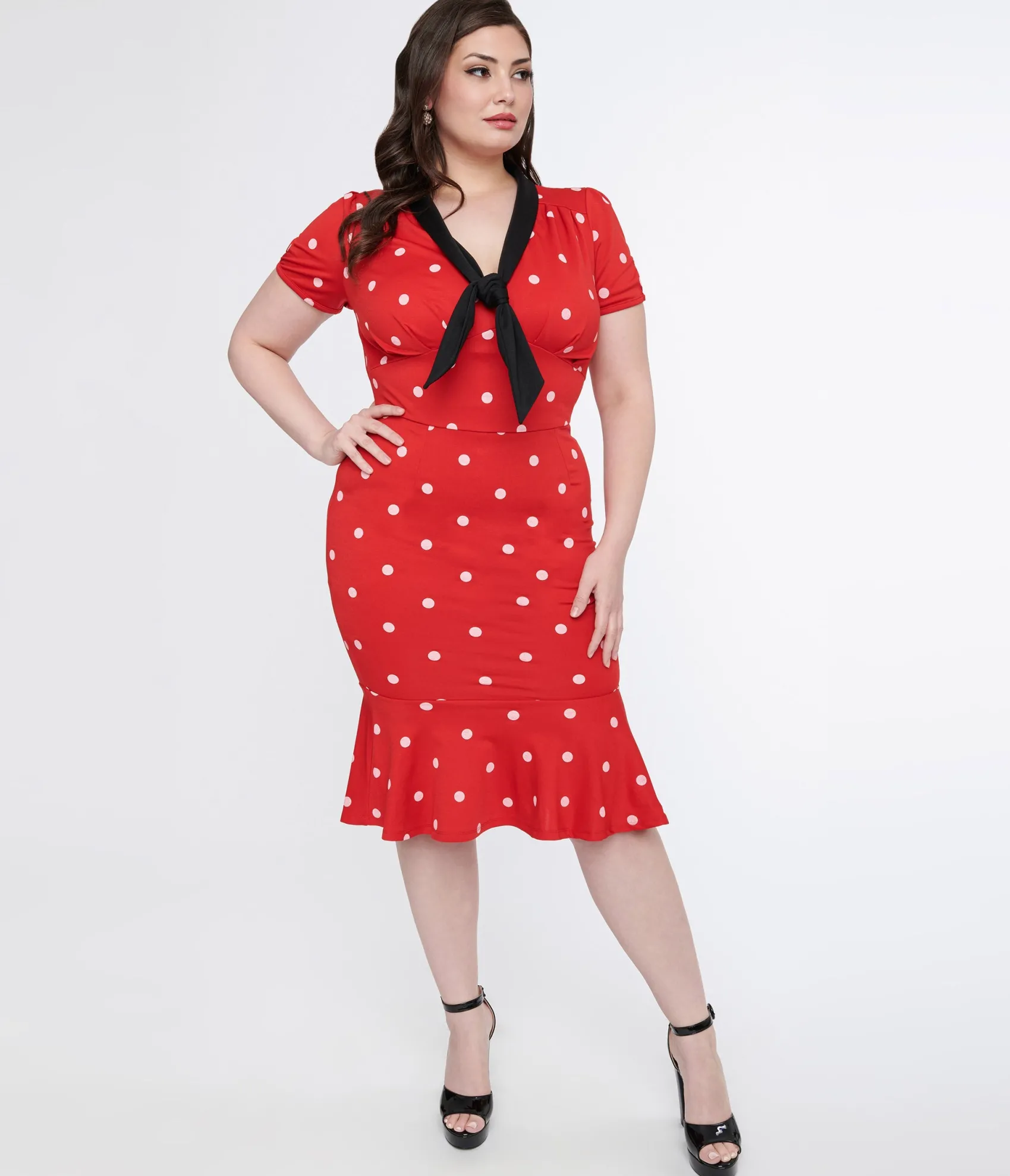 Unique Vintage Plus Size Red & White Polka Dot Neck Tie Wiggle Dress Discount