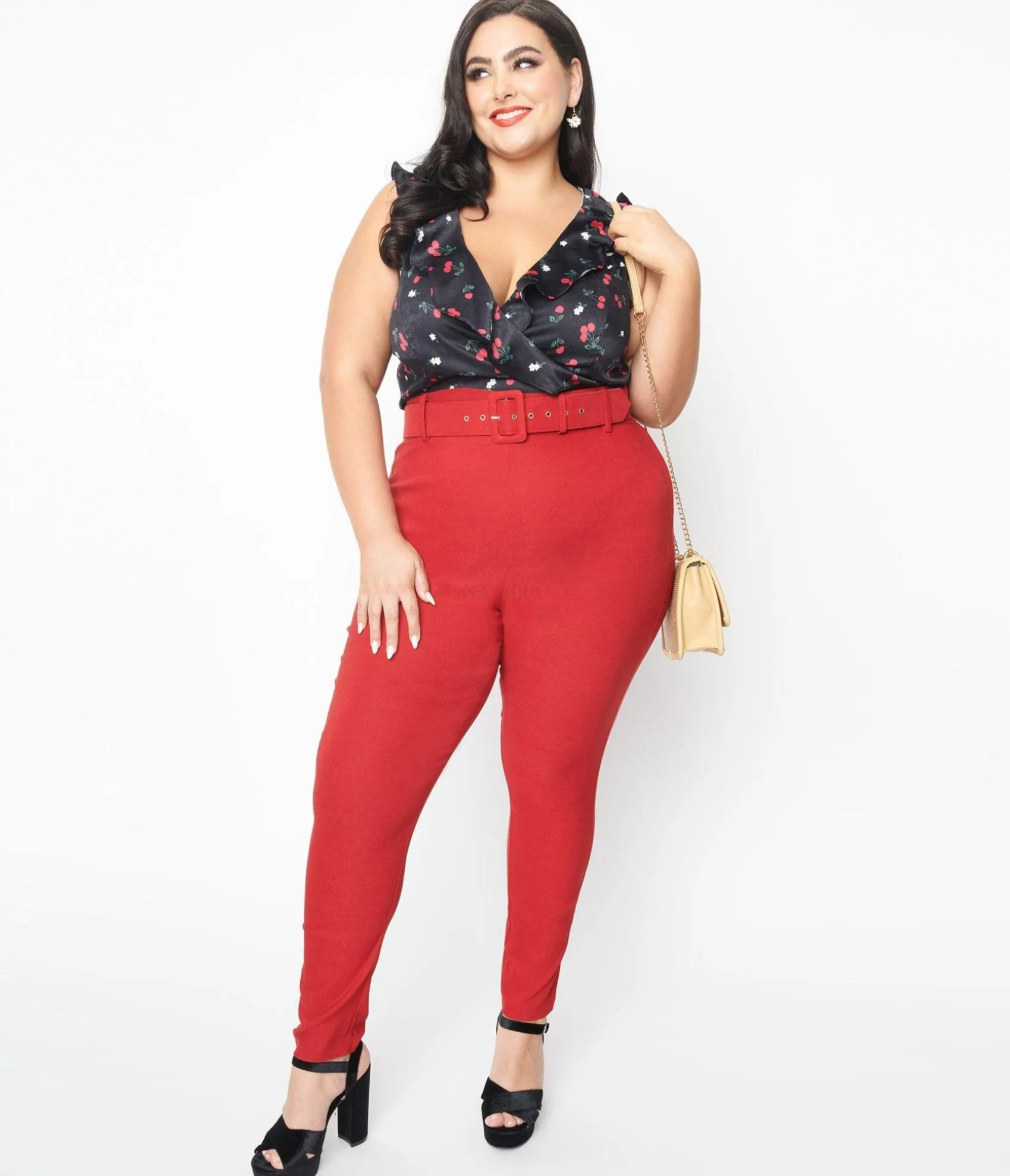 Unique Vintage Plus Size Red Belted Rizzo Pants Hot