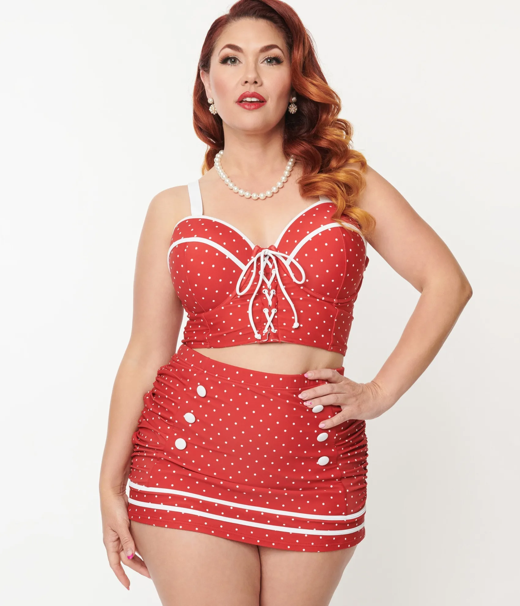 Unique Vintage Plus Size Red Pin Dot Lace Up Swim Top Online