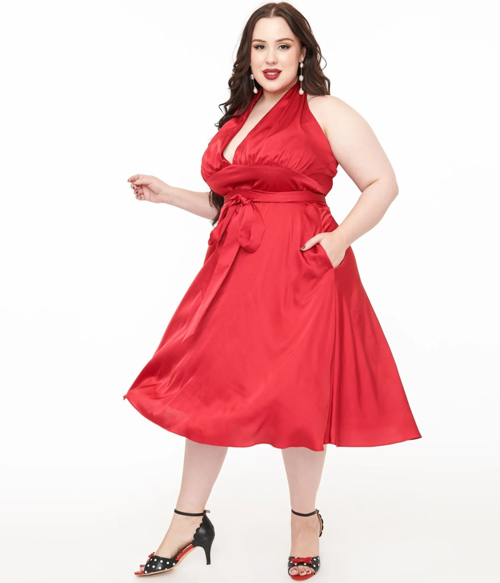 Unique Vintage Plus Size Red Satin Halter Swing Dress New