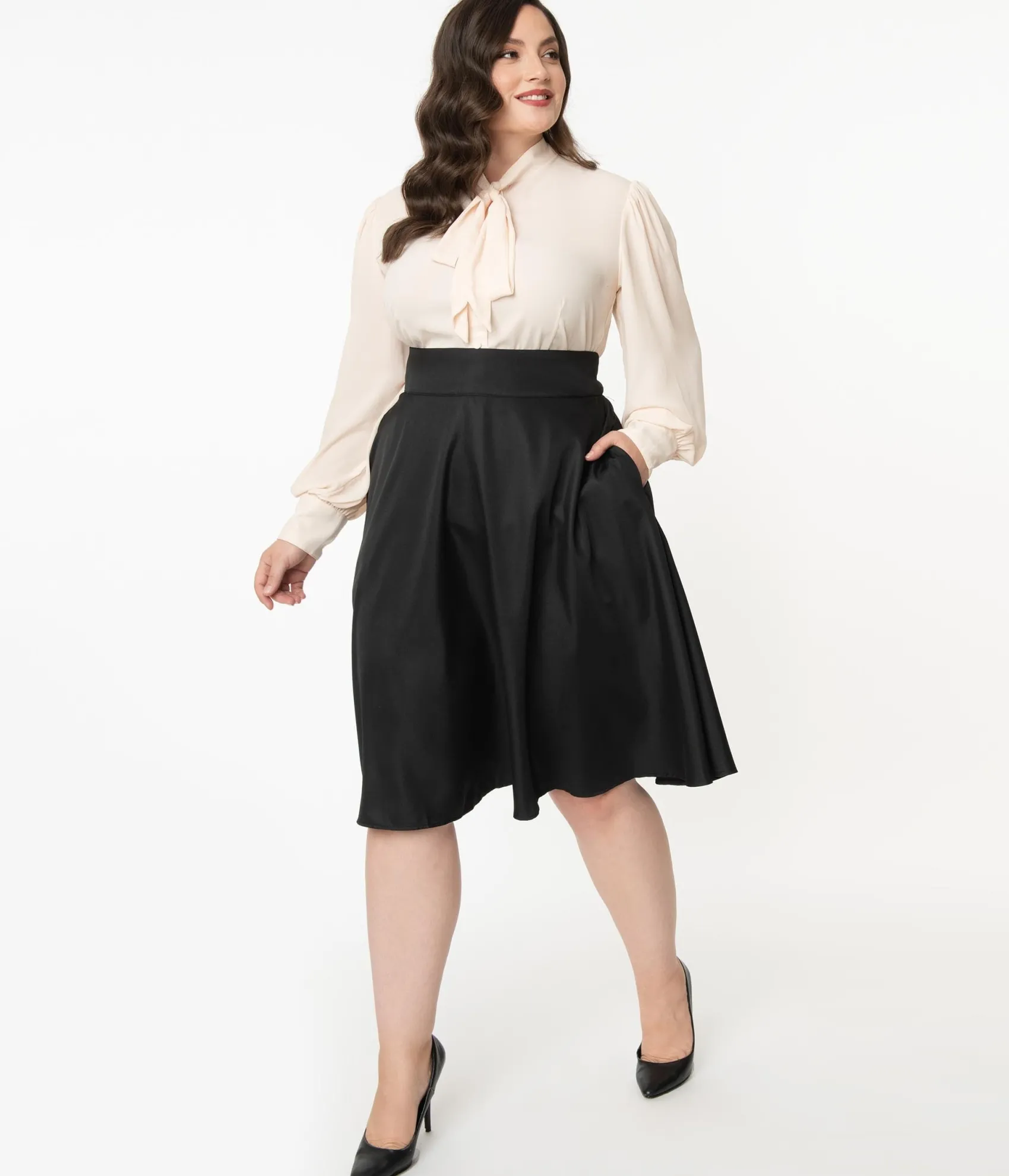 Unique Vintage Plus Size Retro Style Black High Waist Vivien Swing Skirt Flash Sale