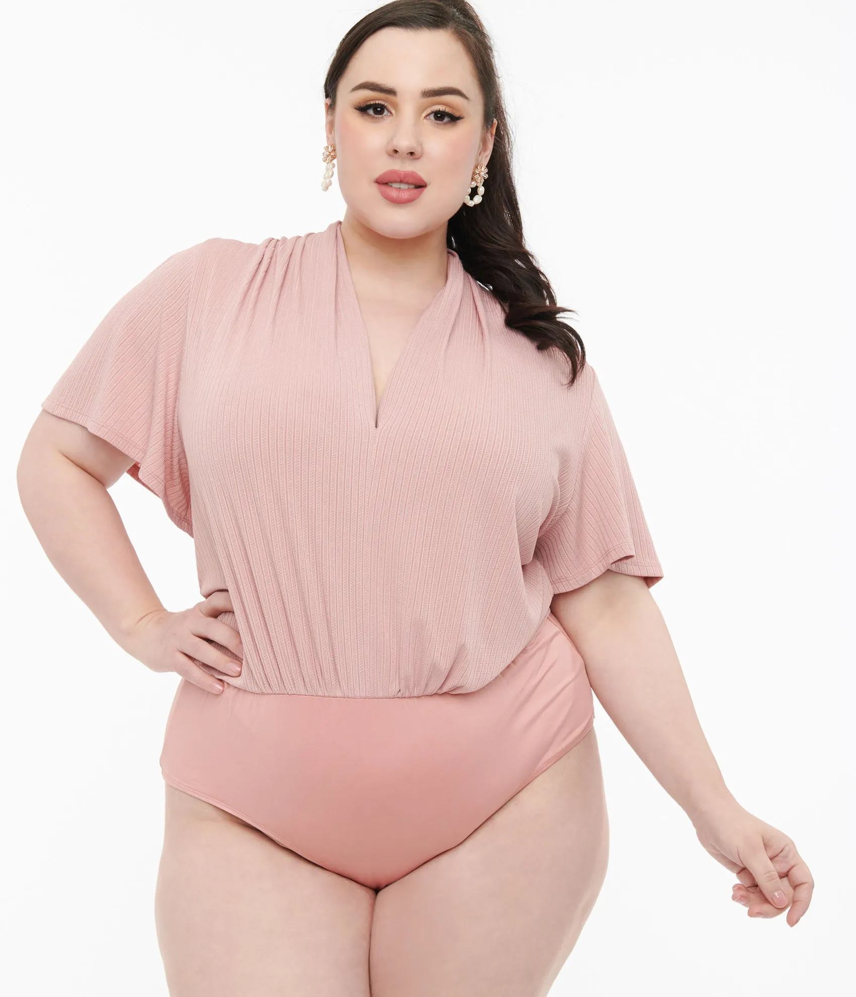 Unique Vintage Plus Size Rose Pink Pointelle Flutter Sleeve Bodysuit Cheap