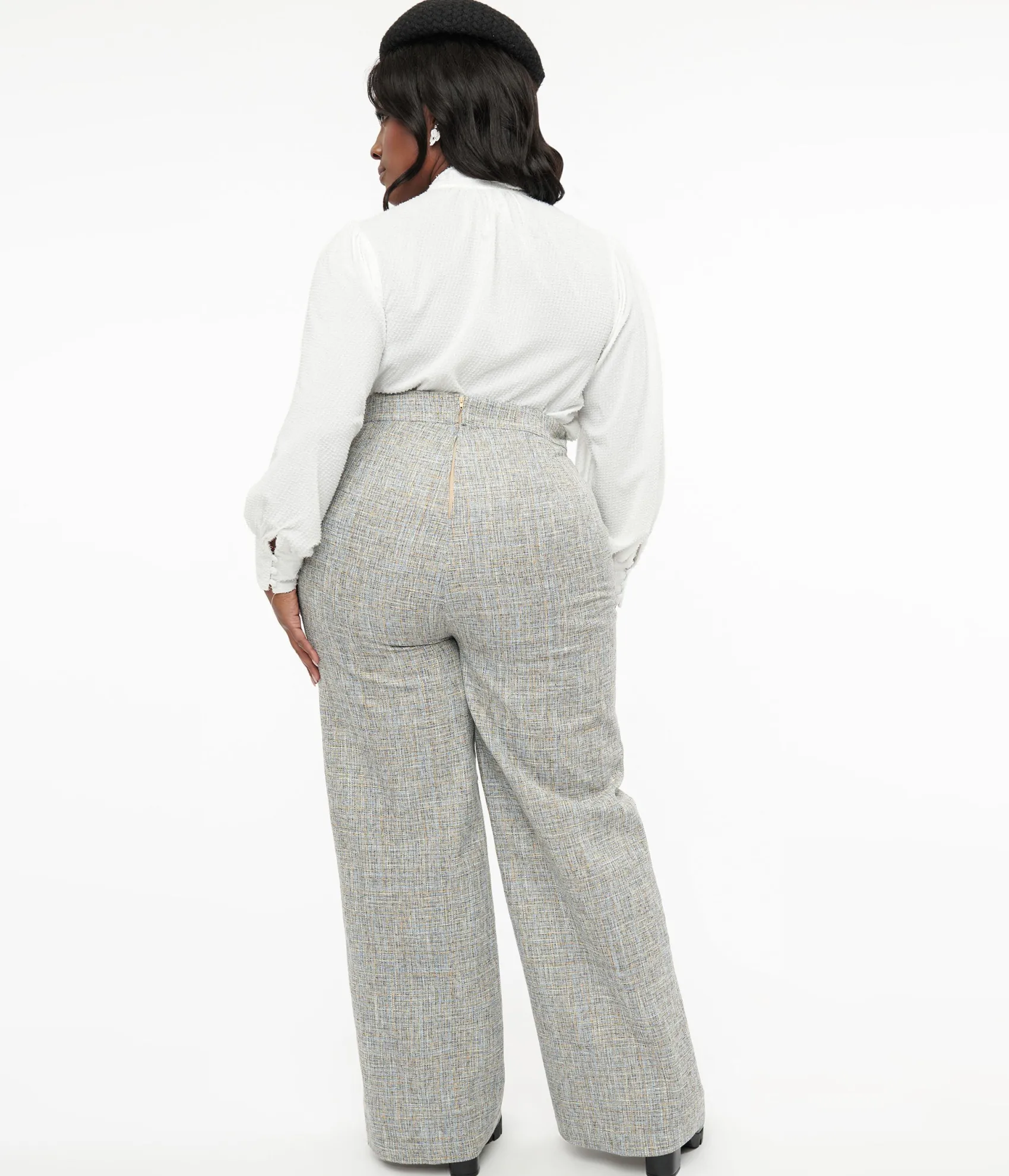 Unique Vintage Plus Size 1940s Beige & Baby Blue Tweed High Waist Pants Cheap