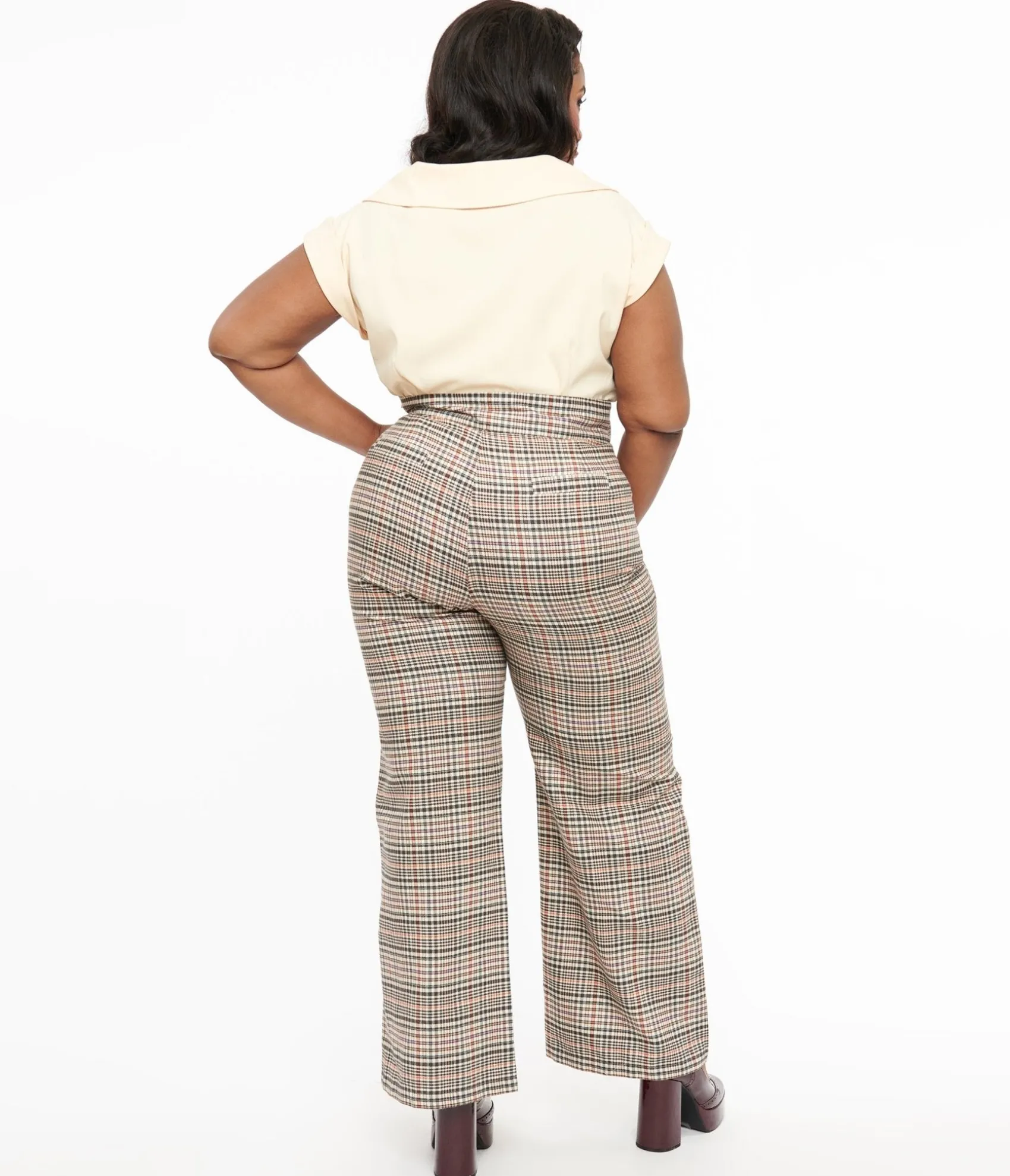 Unique Vintage Plus Size 1940s Beige Plaid High Waist Sailor Ginger Pants Fashion