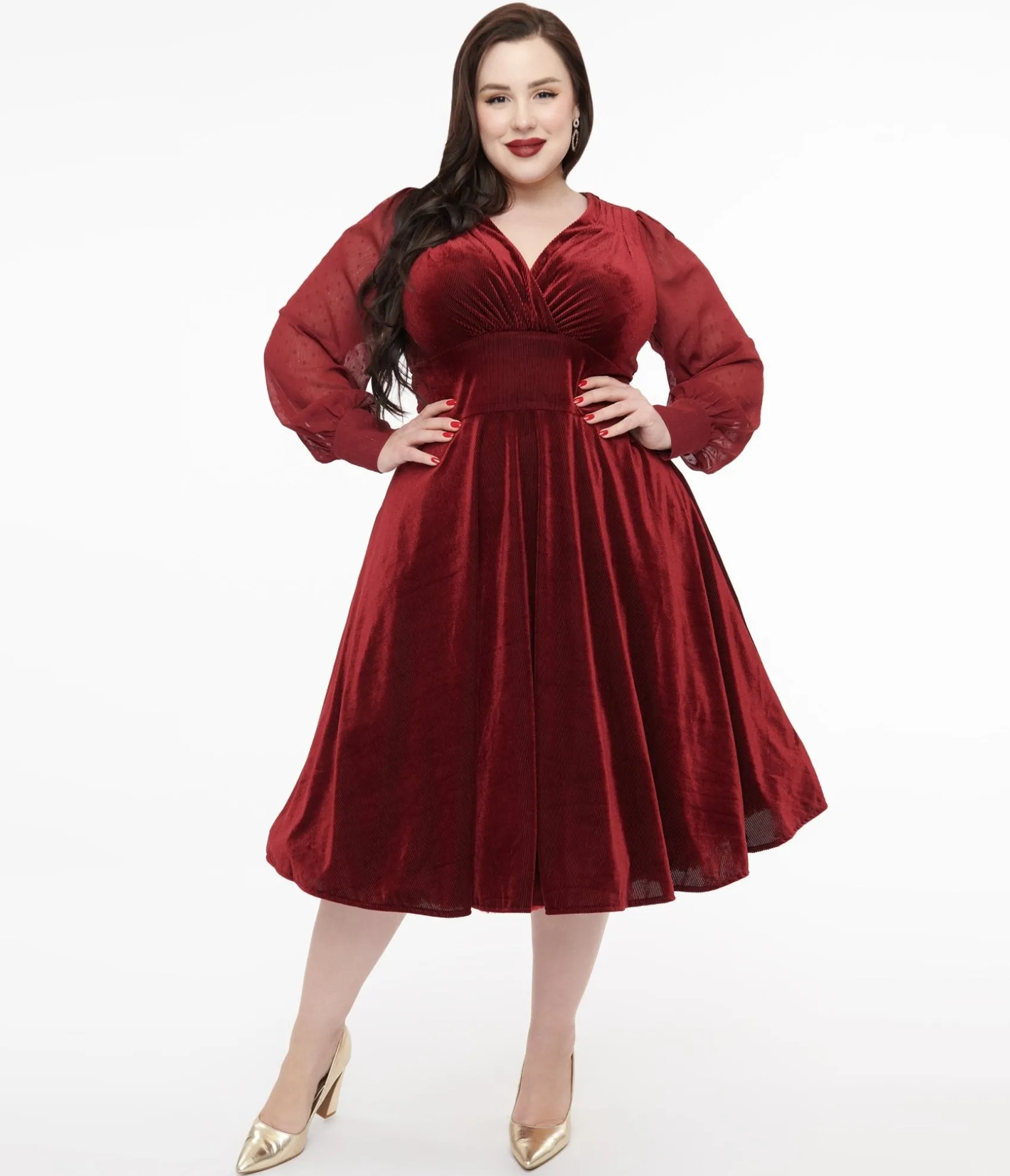 Unique Vintage Plus Size 1950s Berry Velvet Sheer Sleeve Delores Swing Dress Shop