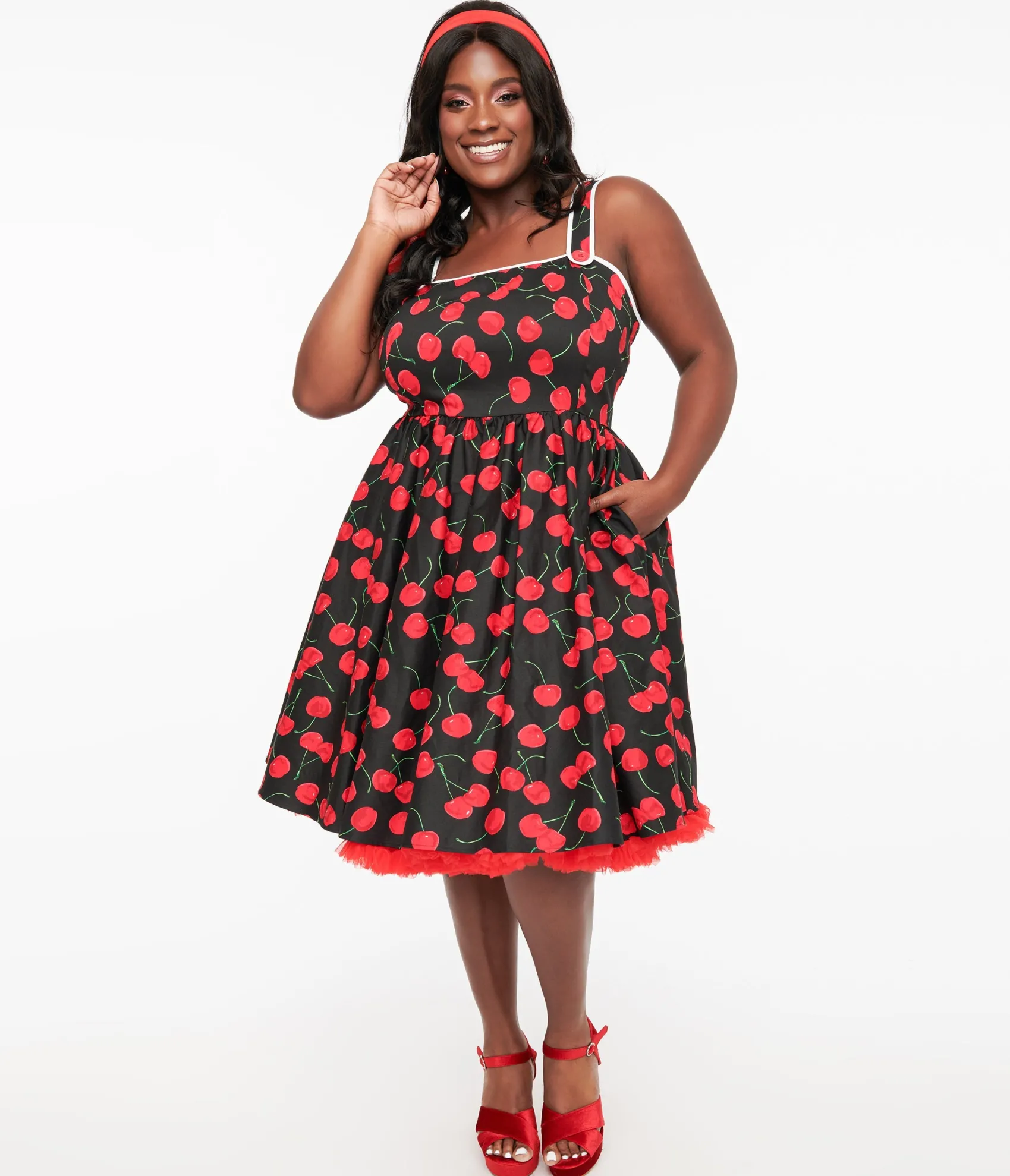 Unique Vintage Plus Size 1950s Black & Cherry Print Cotton Pinafore Swing Dress Sale