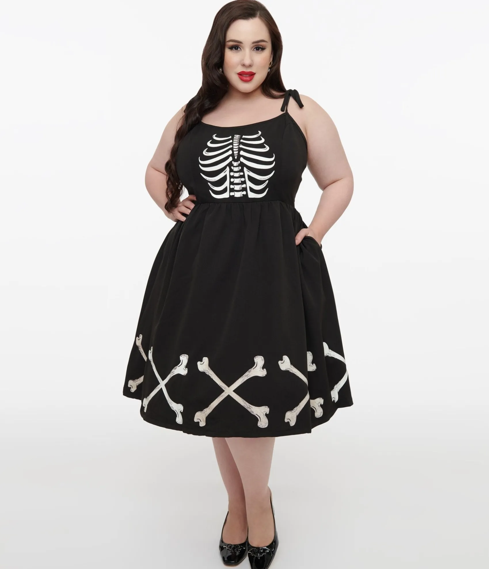 Unique Vintage Plus Size 1950s Black & Glow in the Dark Skeleton Bobbie Swing Dress Cheap