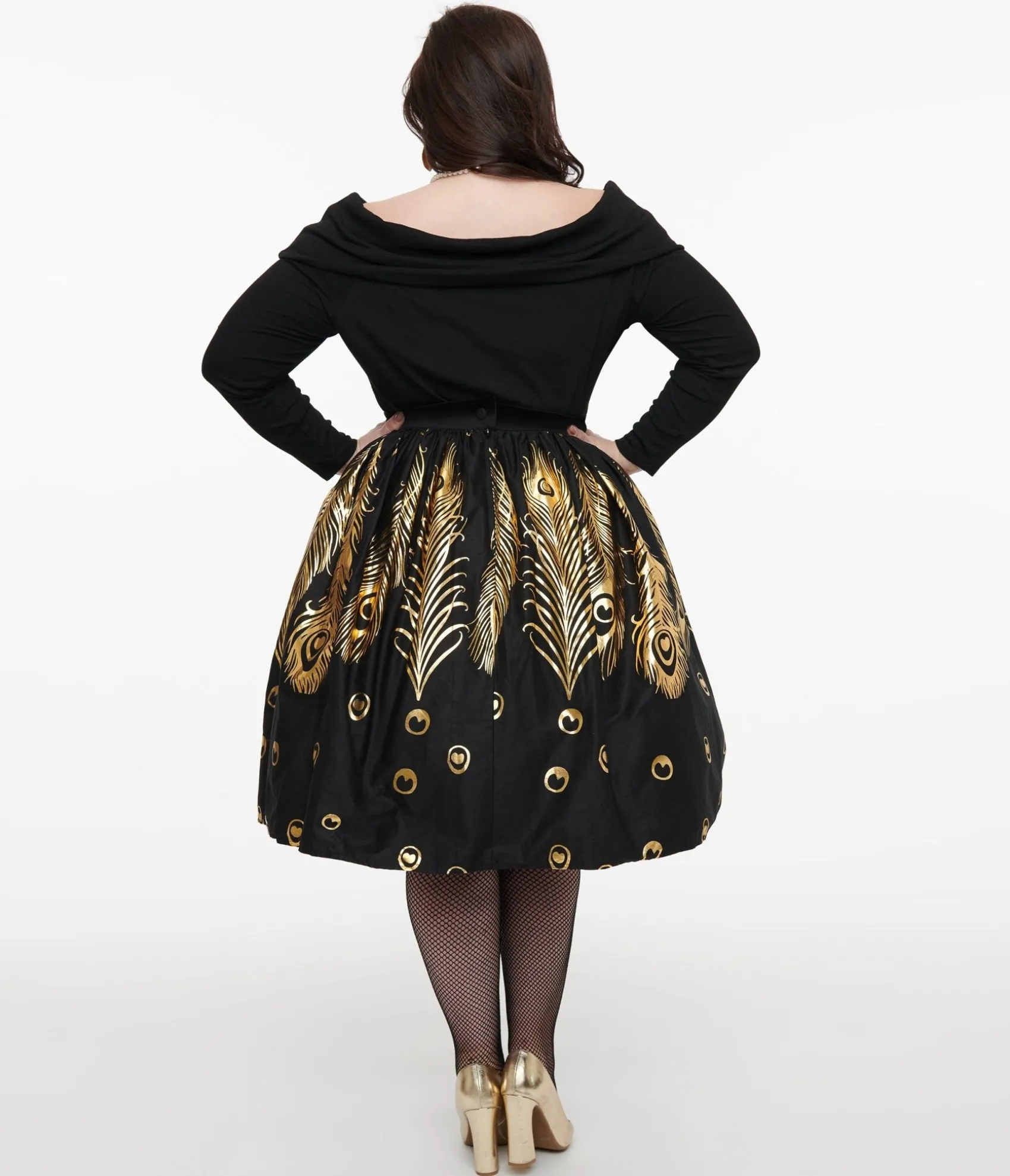 Unique Vintage Plus Size 1950s Black & Gold Foil Feather Gellar Swing Skirt Best Sale