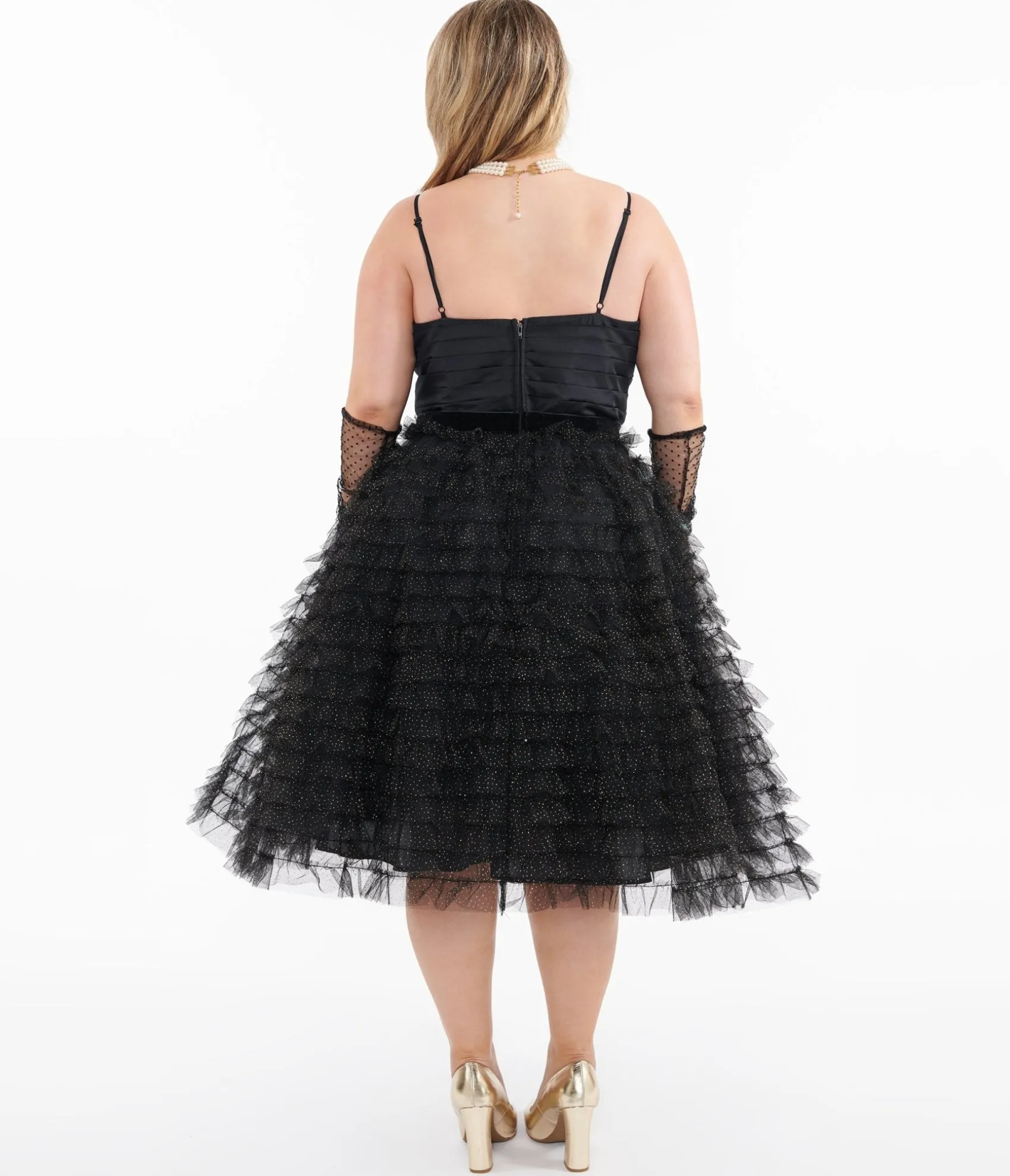 Unique Vintage Plus Size 1950s Black & Gold Glitter Tulle Cupcake Swing Dress Cheap