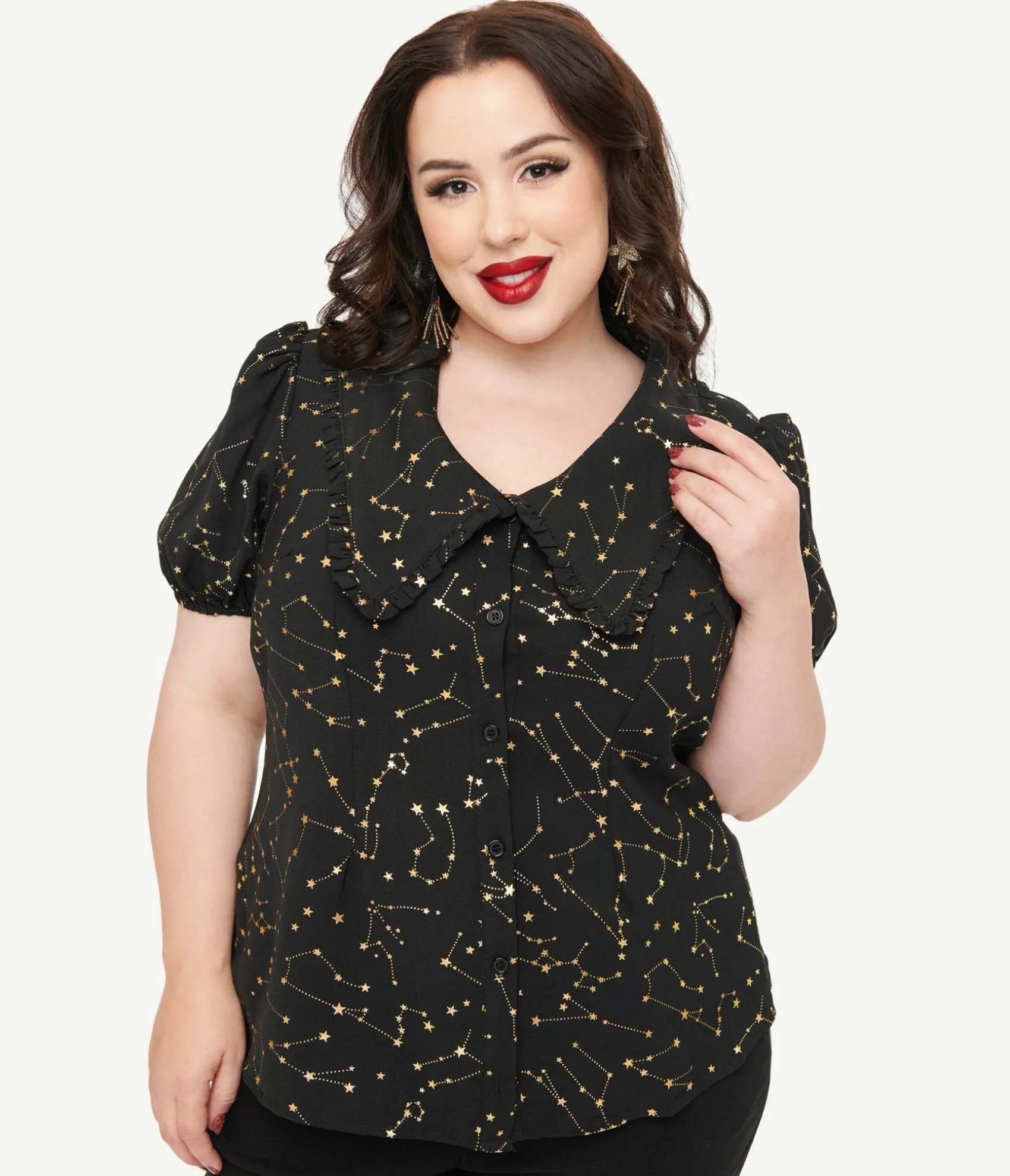 Unique Vintage Plus Size 1930s Black & Gold Stars Oversized Collar Blouse New