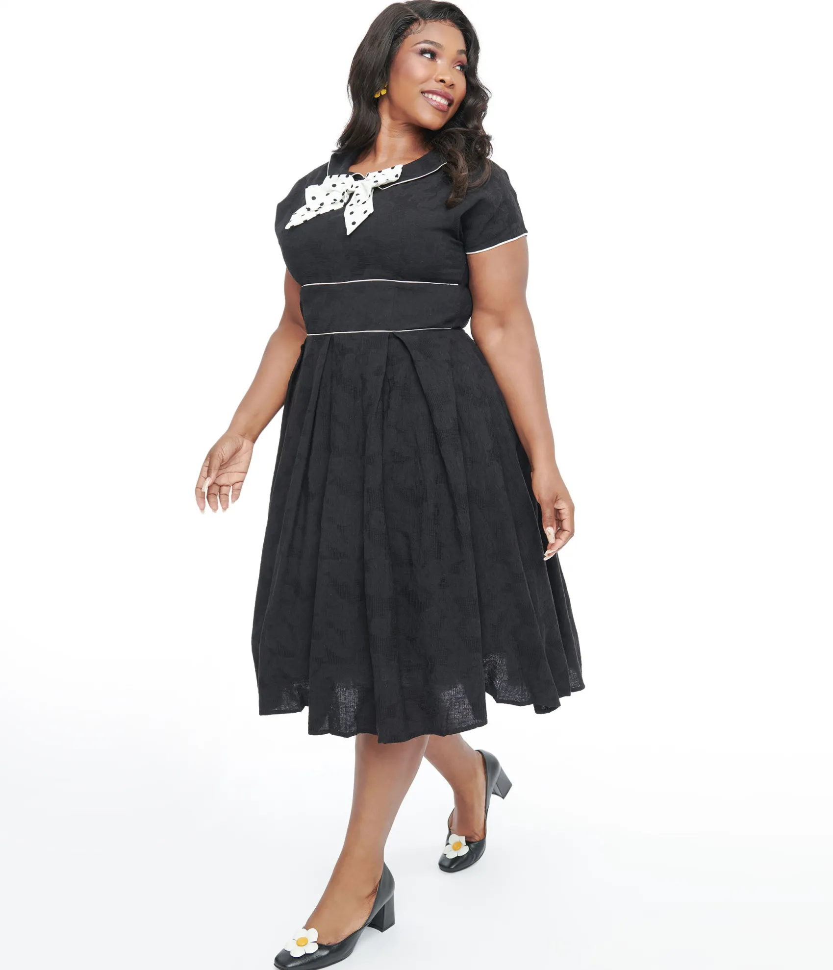 Unique Vintage Plus Size 1950s Black & Ivory Polka Dot Bow Cotton Swing Dress Clearance