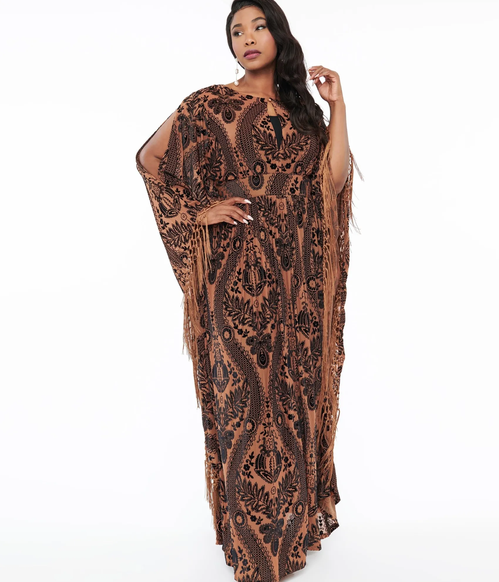 Unique Vintage Plus Size 1960s Black & Nude Floral Fringe Flutter Sleeve Caftan Cheap