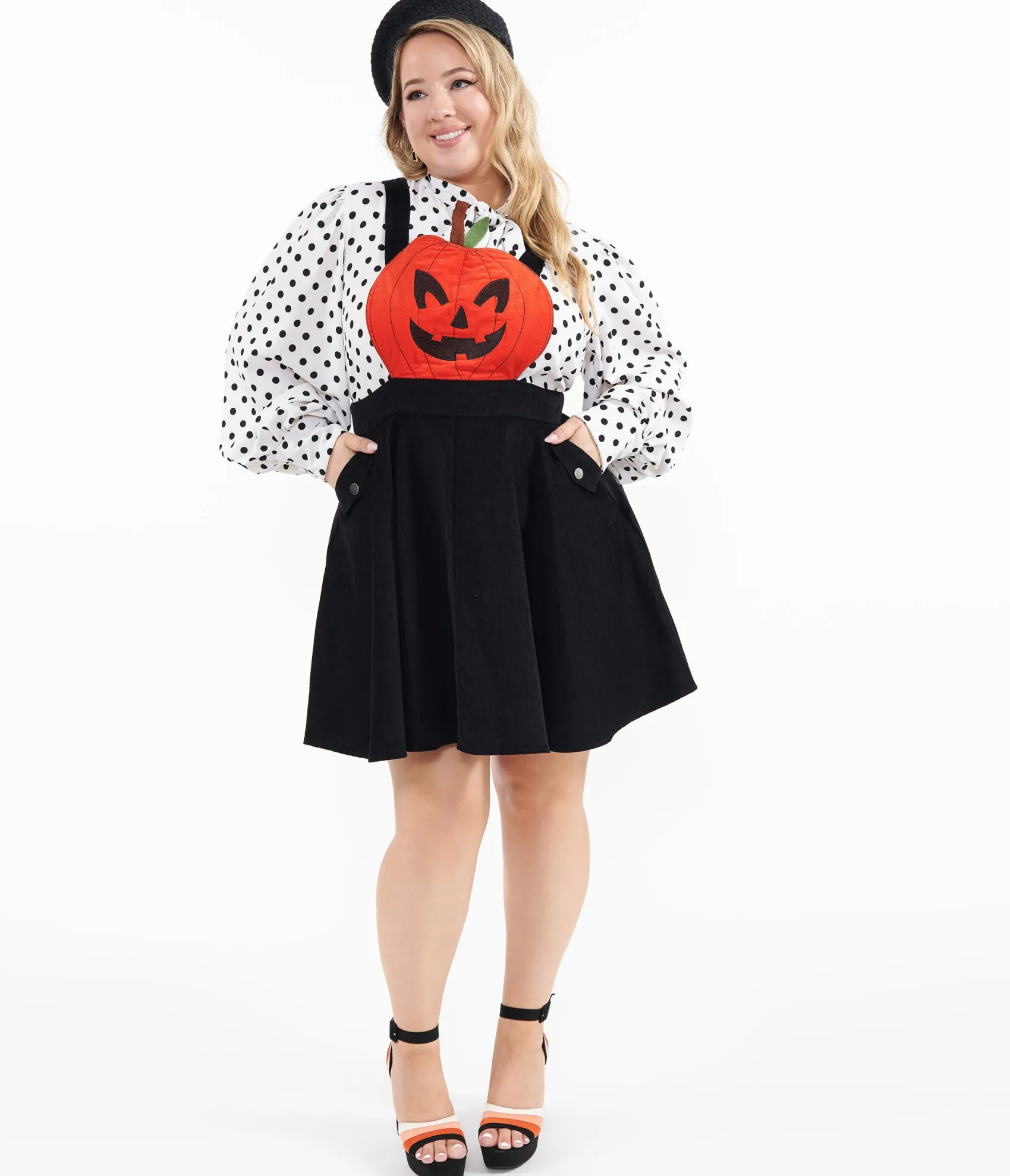Unique Vintage Plus Size 1950s Black & Orange Jack-O-Lantern Pinafore Best Sale