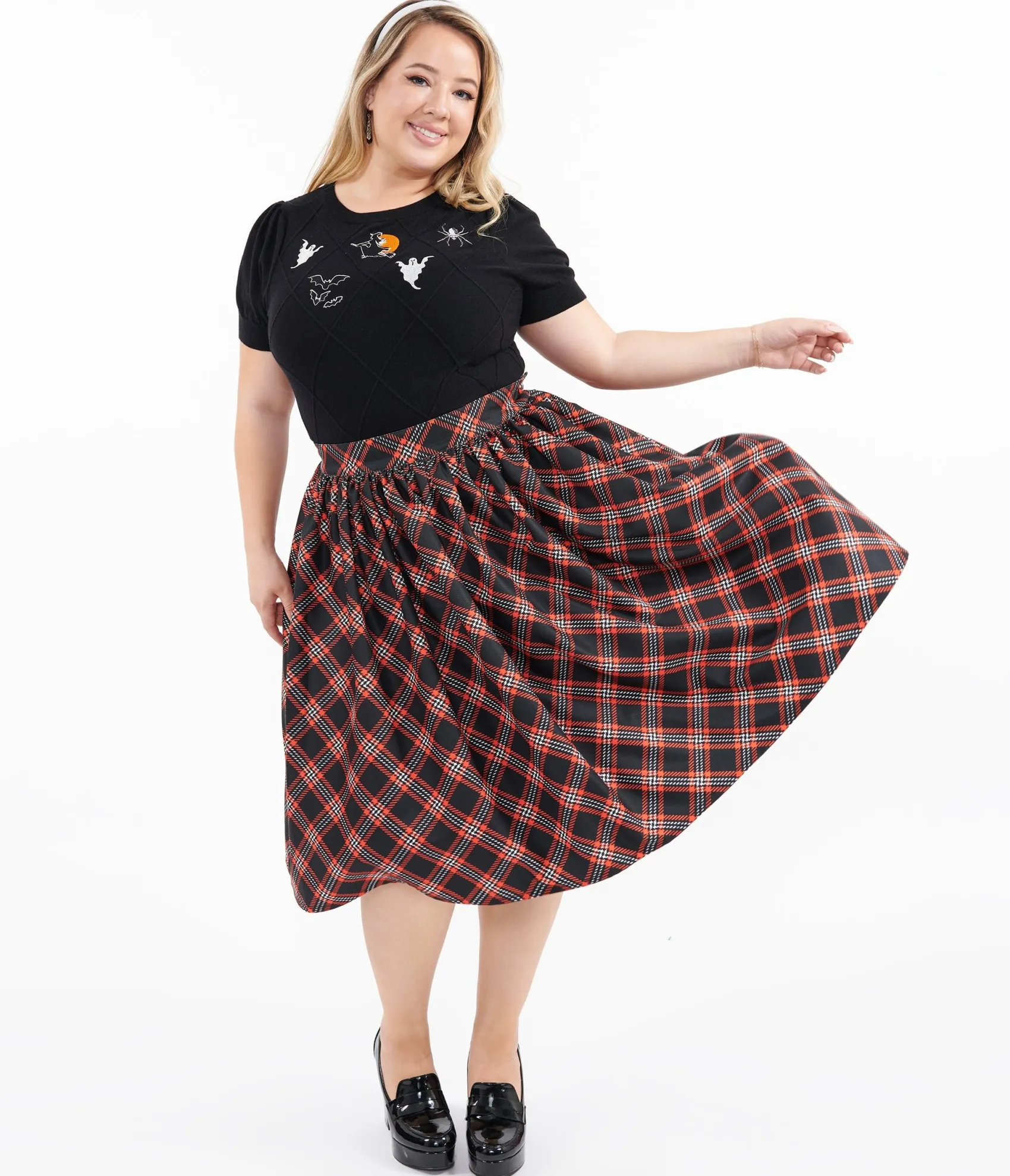 Unique Vintage Plus Size 1950s Black & Orange Plaid Gellar Swing Skirt Cheap