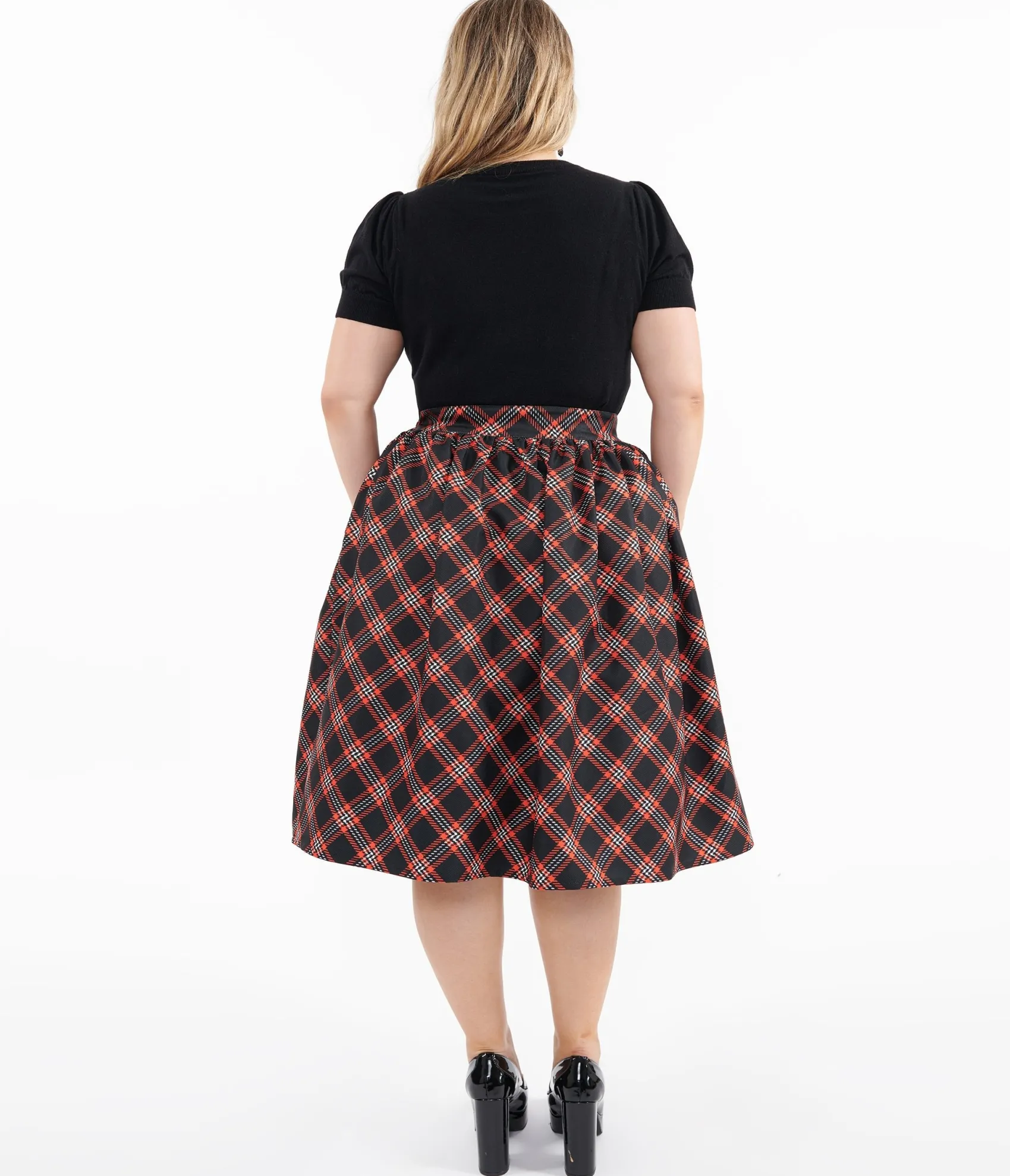 Unique Vintage Plus Size 1950s Black & Orange Plaid Gellar Swing Skirt Cheap
