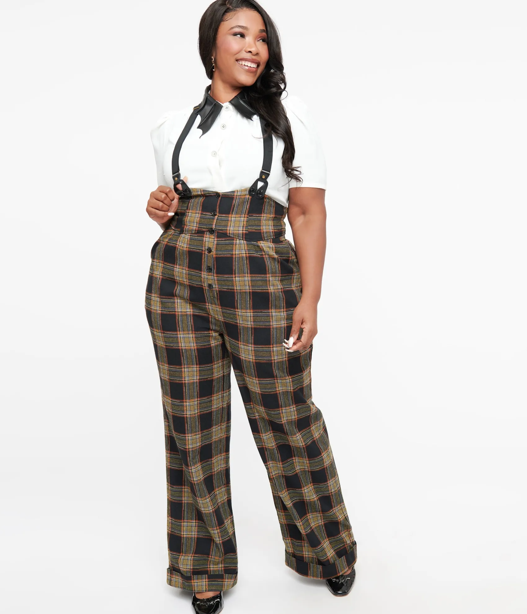 Unique Vintage Plus Size 1930s Black & Orange Plaid Thelma Suspender Pants Best
