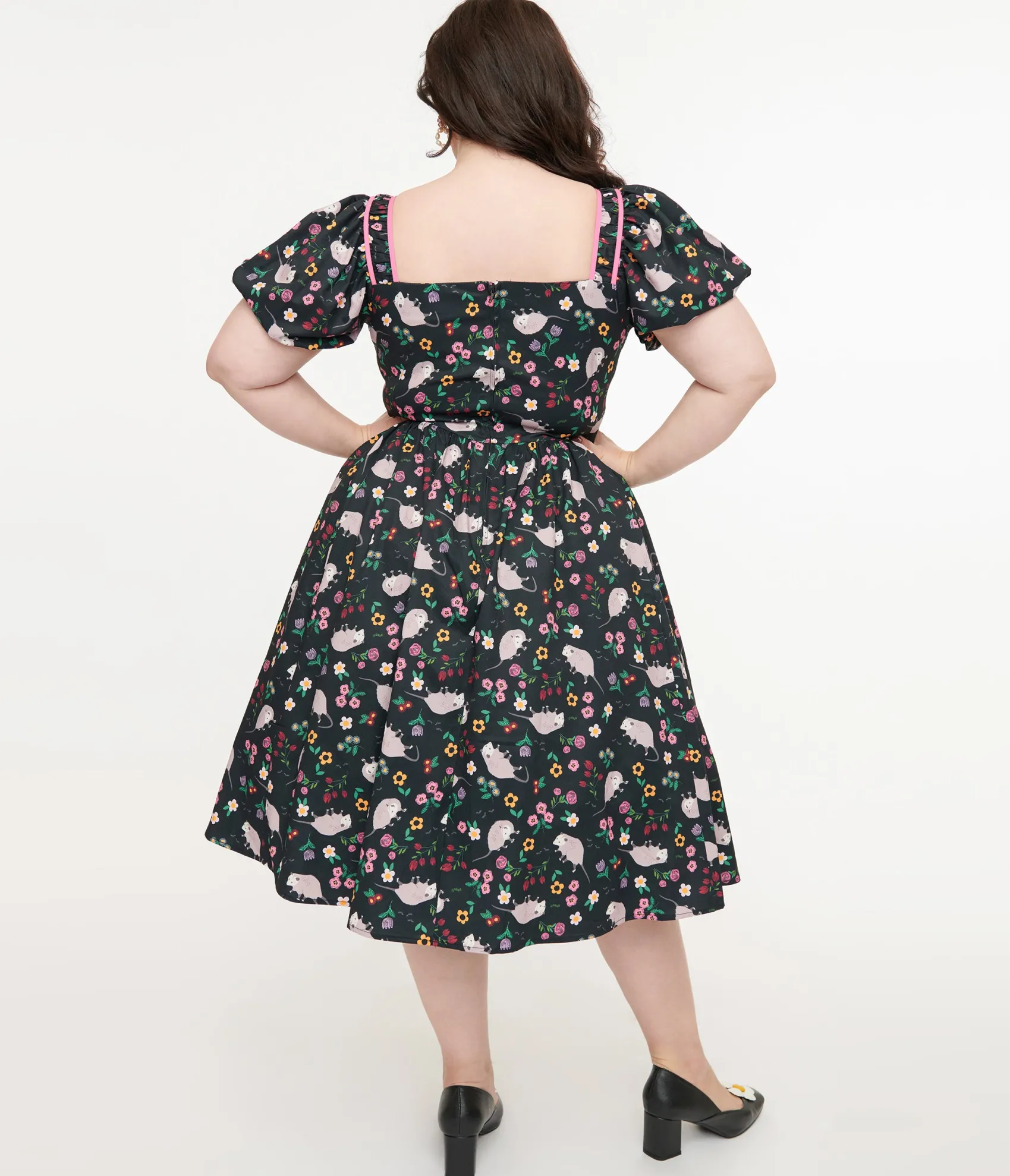 Unique Vintage Plus Size 1940s Black & Pink Awesome Possum Button Front Swing Dress Flash Sale
