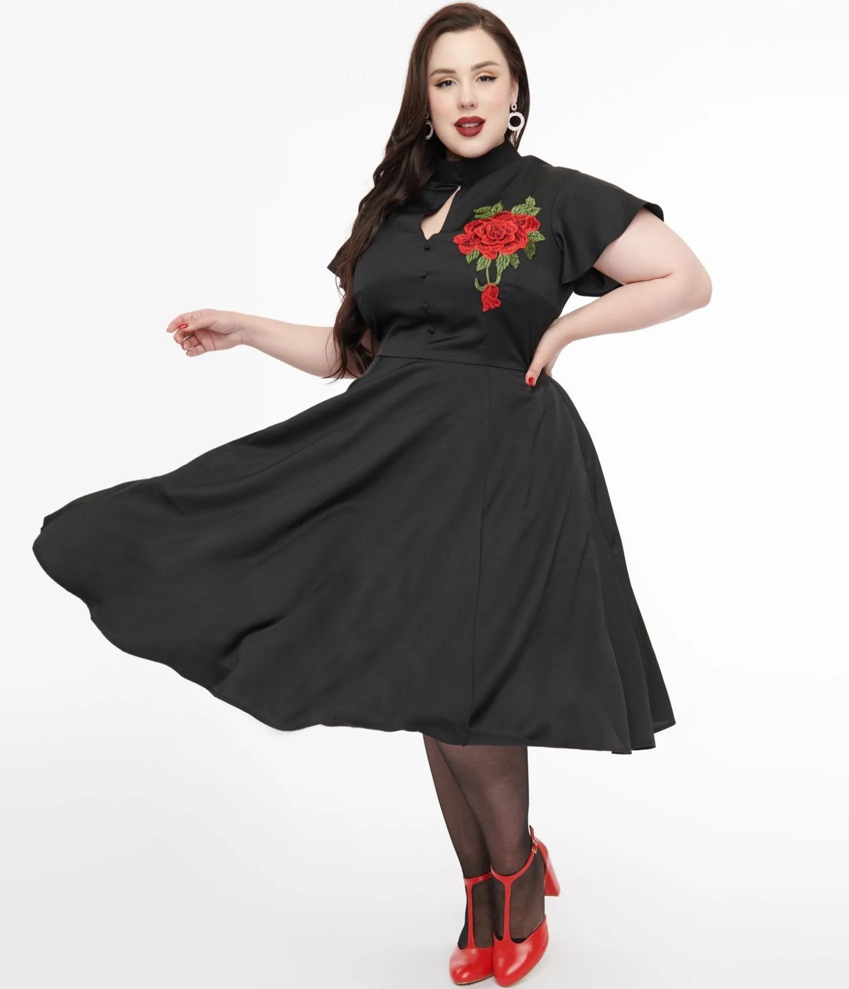 Unique Vintage Plus Size 1940s Black & Red Poinsettia Baltimore Swing Dress Cheap