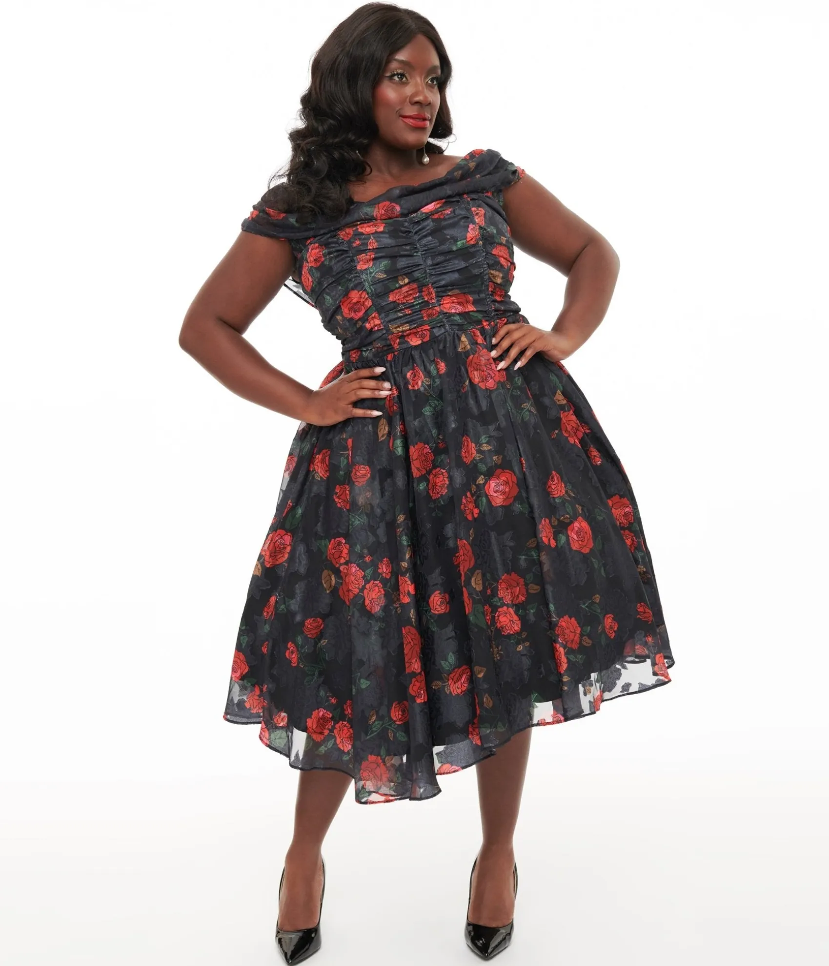 Unique Vintage Plus Size 1950s Black & Red Rose Off The Shoulder Cocktail Dress Hot