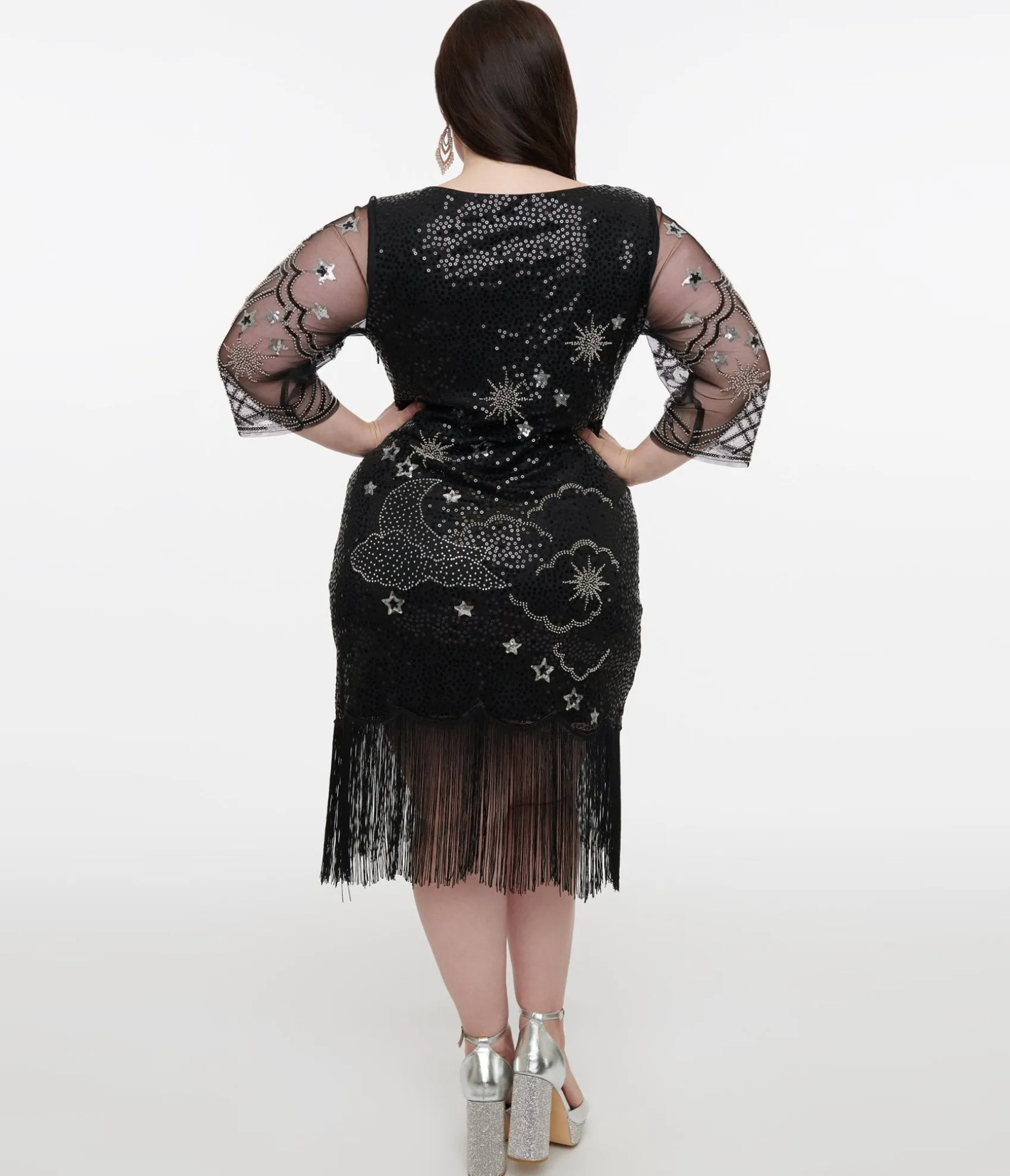 Unique Vintage Plus Size 1920s Black & Silver Moon & Stars Sequin Margaux Flapper Dress Hot