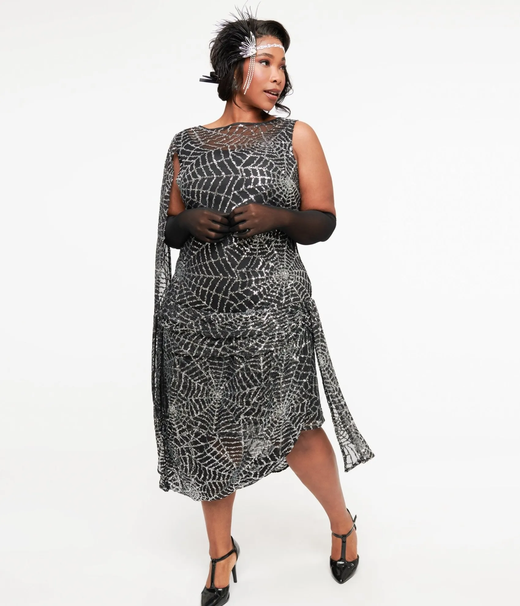Unique Vintage Plus Size 1920s Black & Silver Sequin Spider Web Draped Flapper Dress Sale