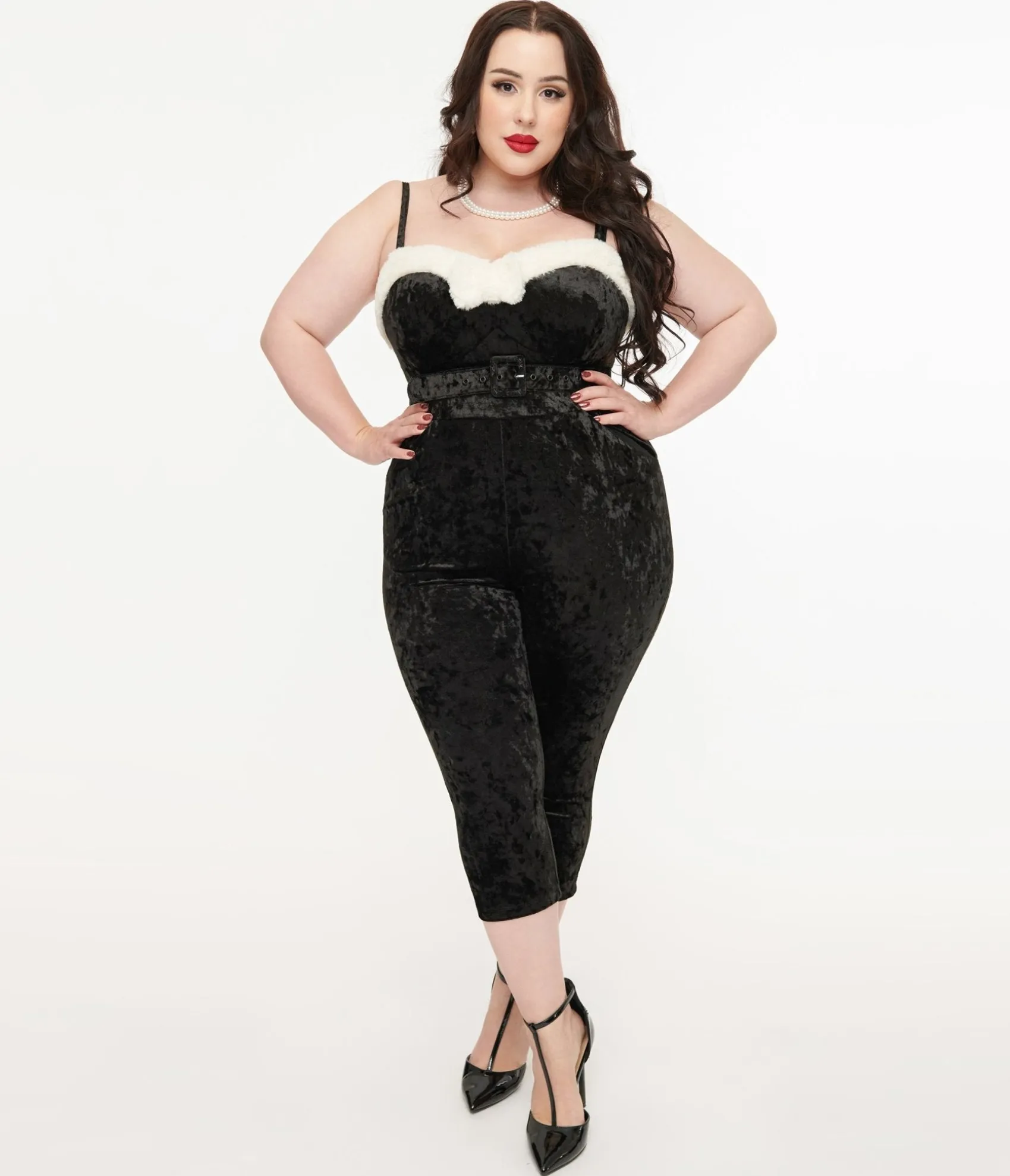 Unique Vintage Plus Size 1950s Black & White Faux Fur Cropped Jumpsuit Hot