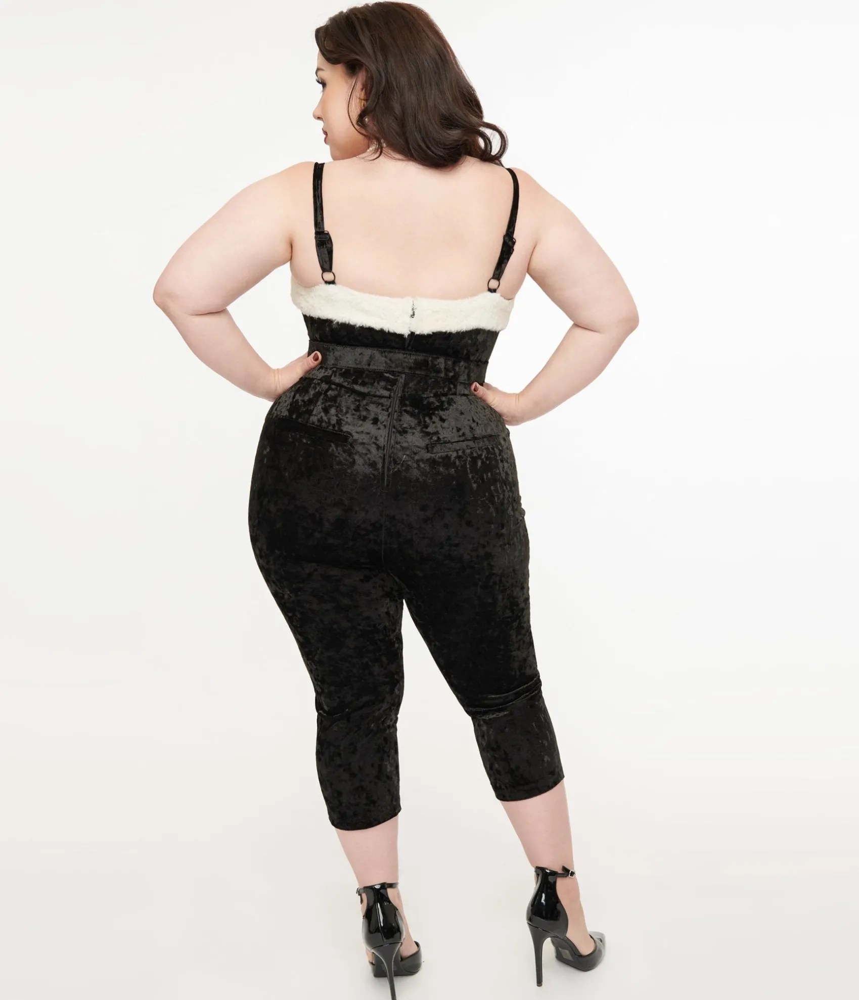 Unique Vintage Plus Size 1950s Black & White Faux Fur Cropped Jumpsuit Hot