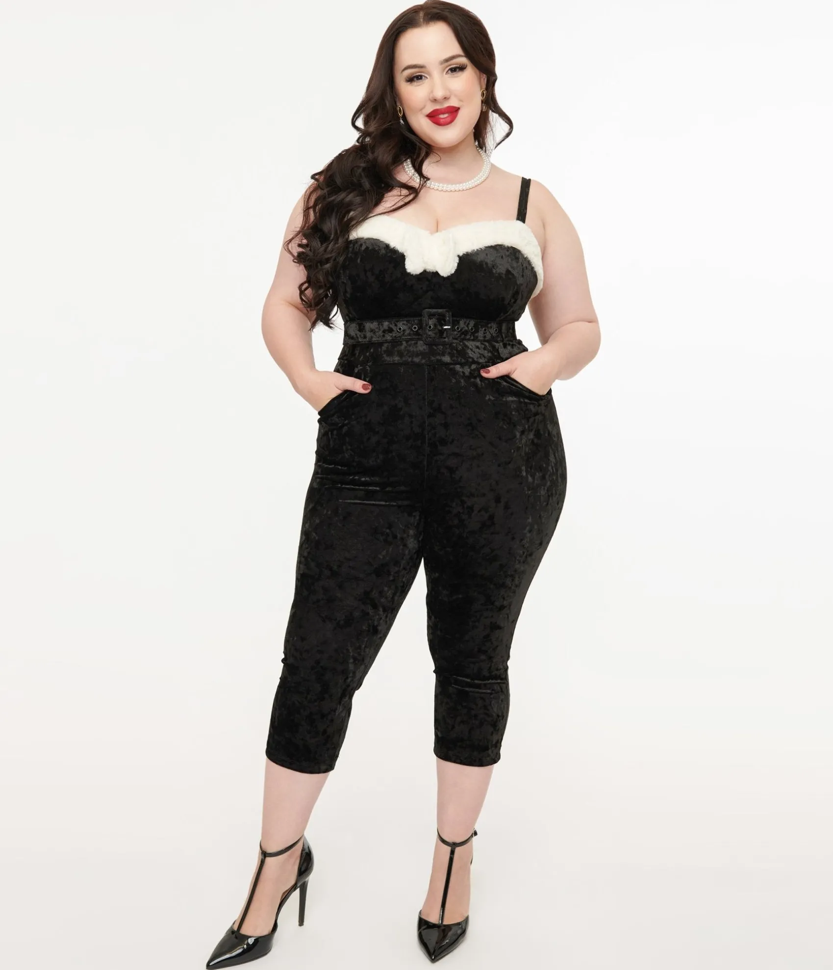 Unique Vintage Plus Size 1950s Black & White Faux Fur Cropped Jumpsuit Hot