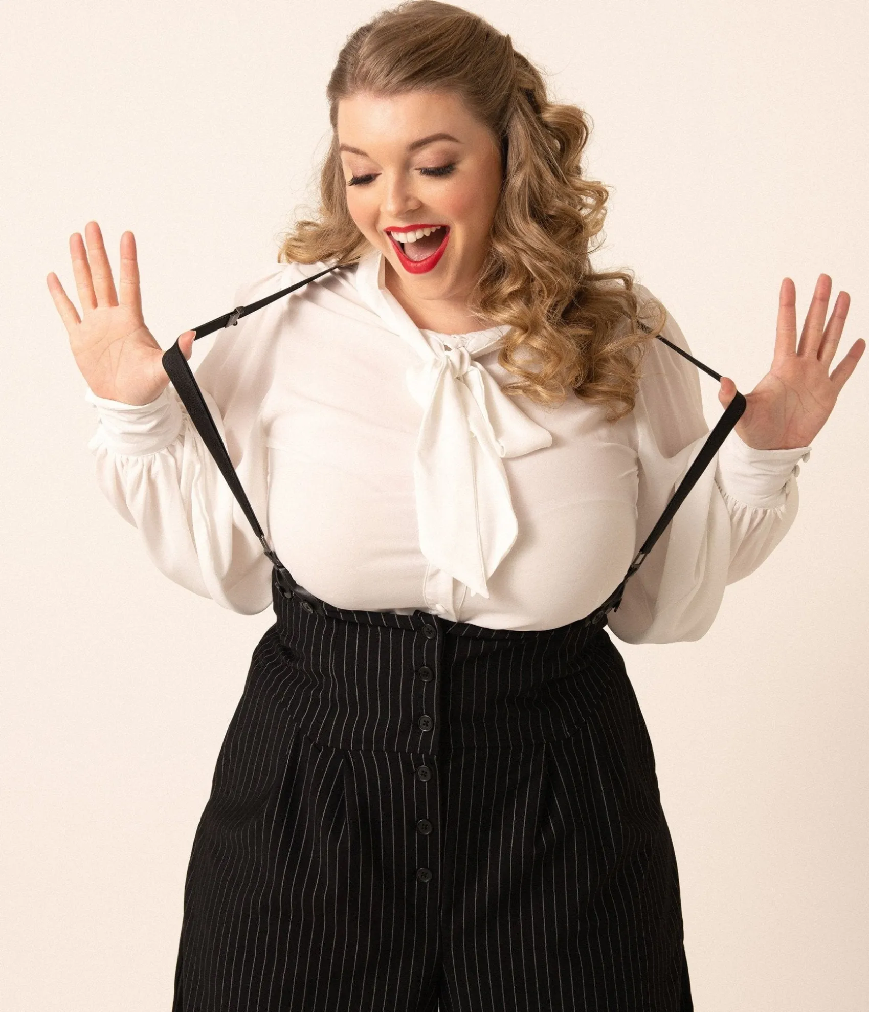 Unique Vintage Plus Size 1930s Black & White Pin Stripe Thelma Suspender Pants Flash Sale