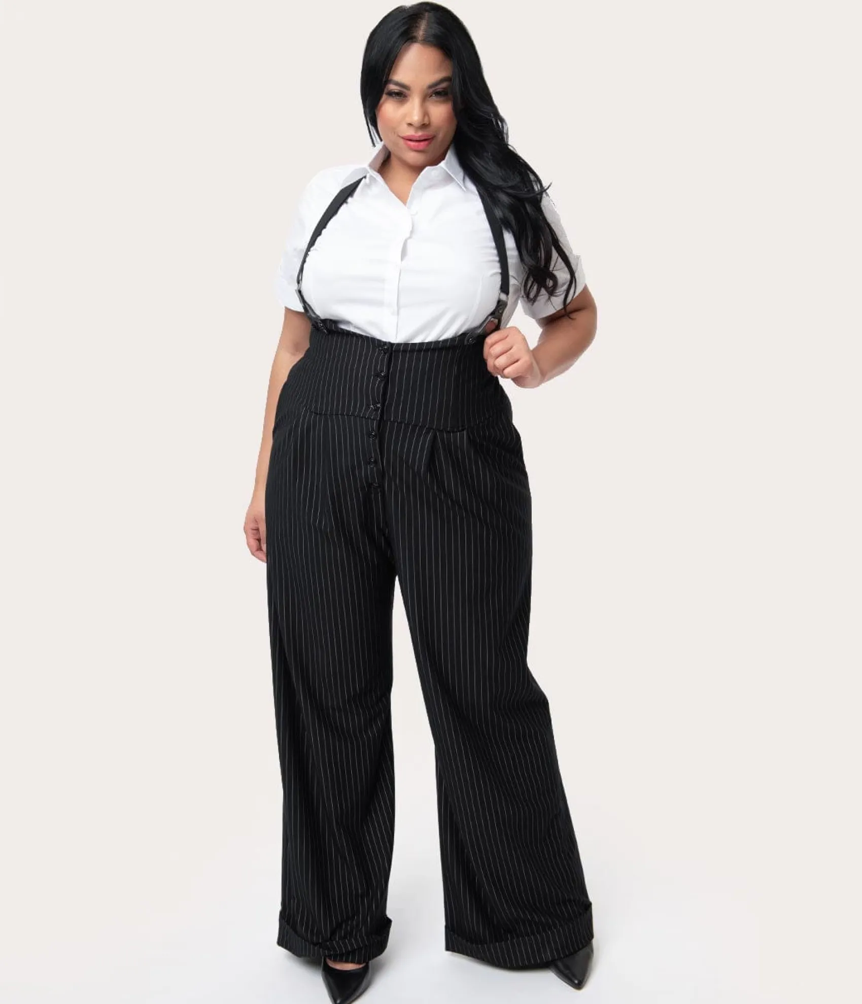 Unique Vintage Plus Size 1930s Black & White Pin Stripe Thelma Suspender Pants Flash Sale