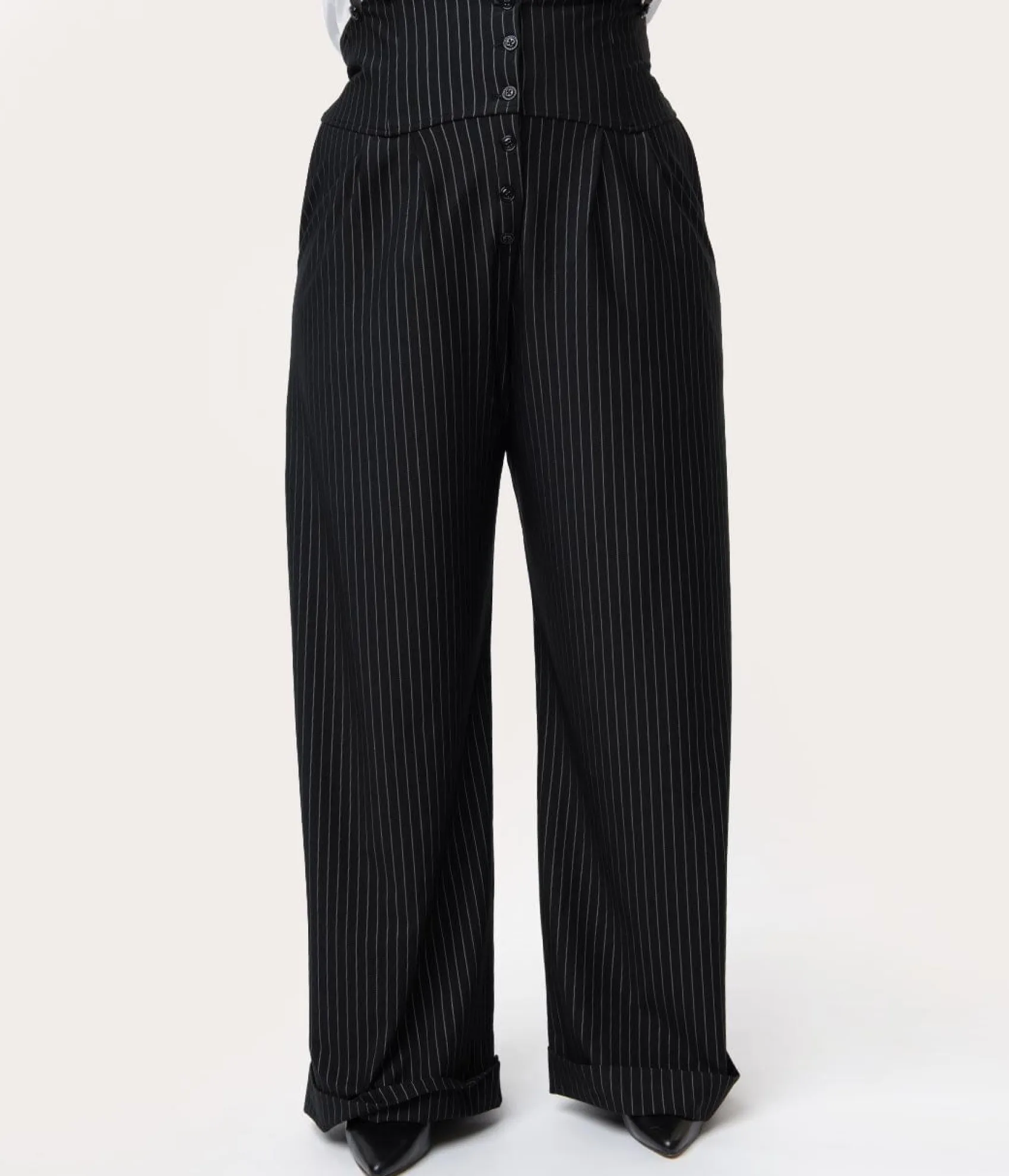 Unique Vintage Plus Size 1930s Black & White Pin Stripe Thelma Suspender Pants Flash Sale