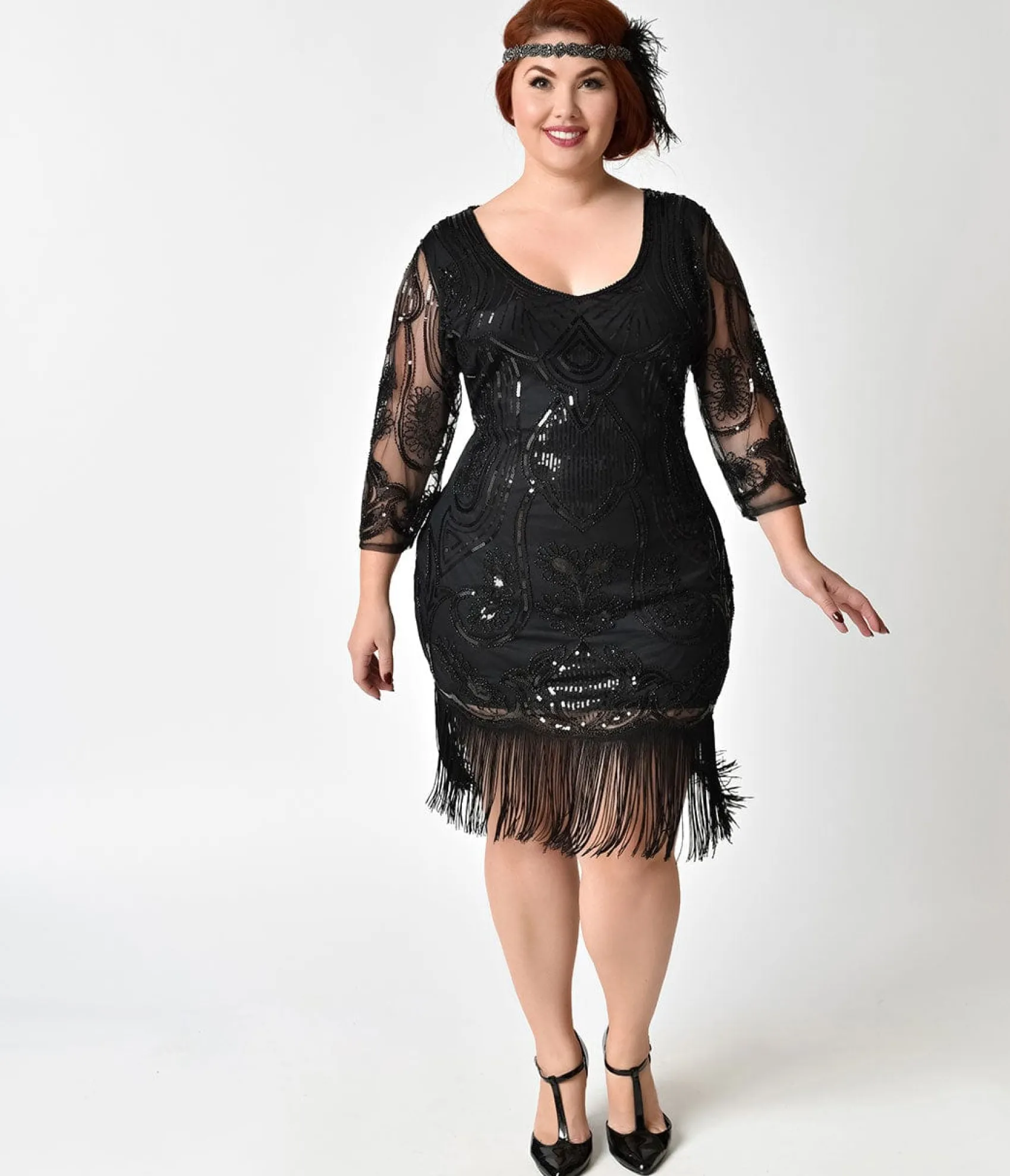 Unique Vintage Plus Size 1920s Black Beaded & Sequin Margaux Sleeved Fringe Flapper Dress Online