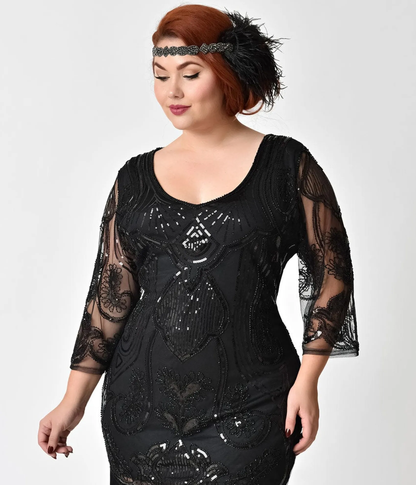 Unique Vintage Plus Size 1920s Black Beaded & Sequin Margaux Sleeved Fringe Flapper Dress Online