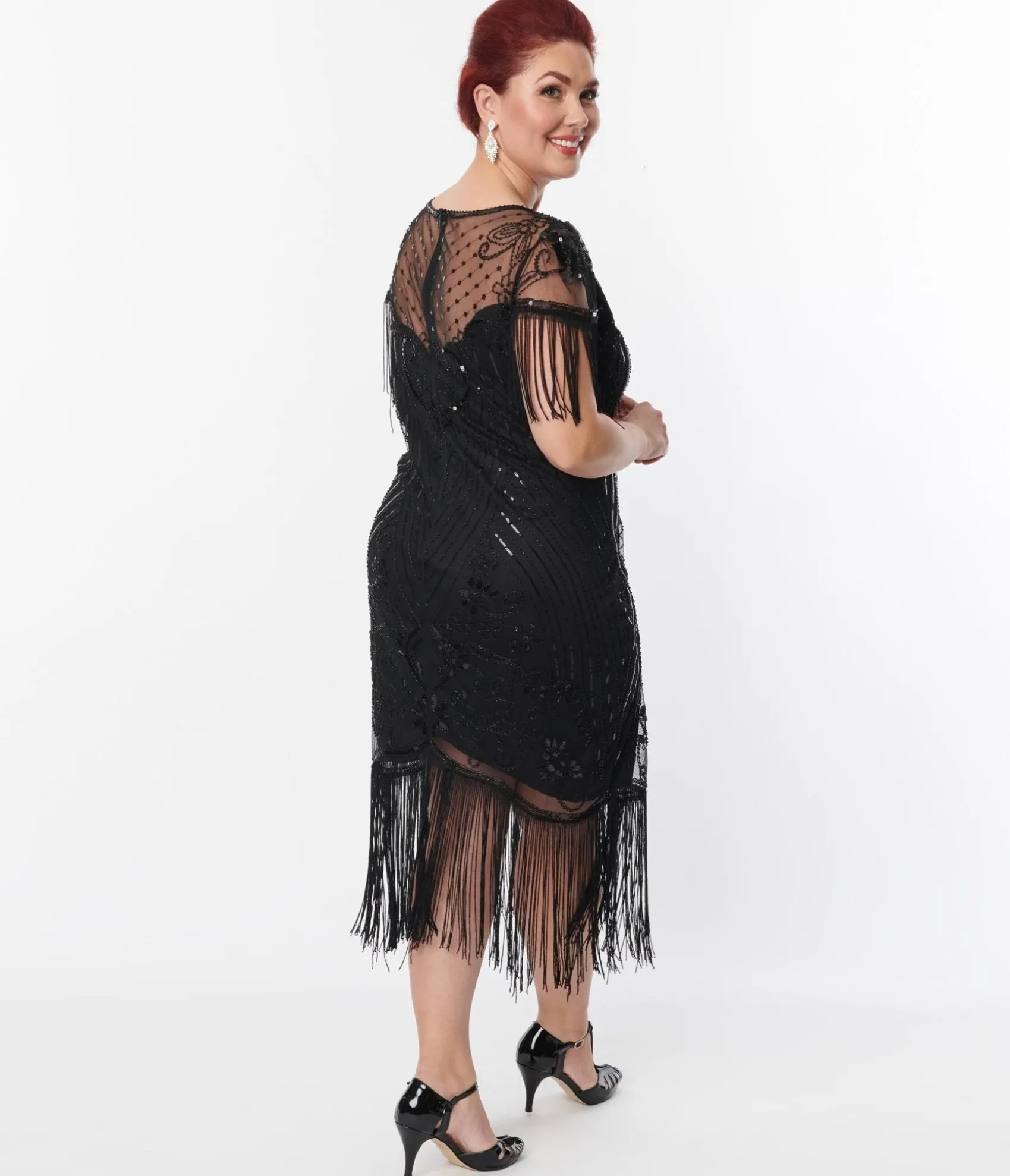 Unique Vintage Plus Size 1920s Black Beaded Fringe Sleeve Nadine Flapper Dress Hot