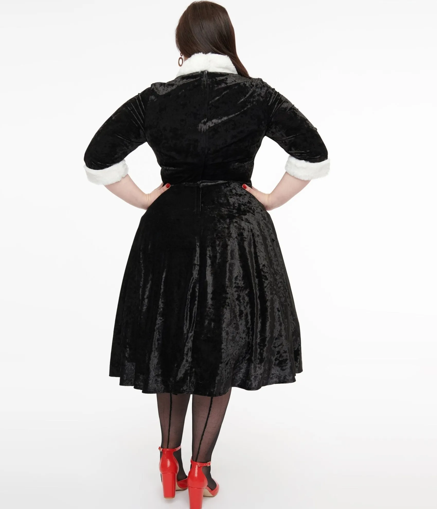 Unique Vintage Plus Size 1950s Black Crushed Velvet & White Fur Delores Swing Dress Fashion