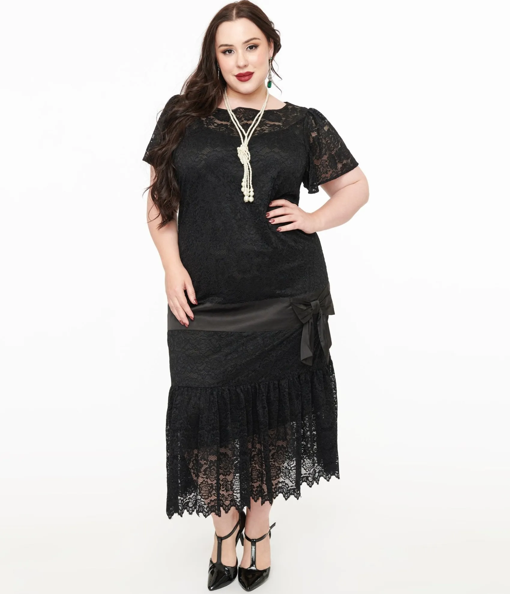 Unique Vintage Plus Size 1920s Black Floral Lace & Bow Flapper Dress Hot