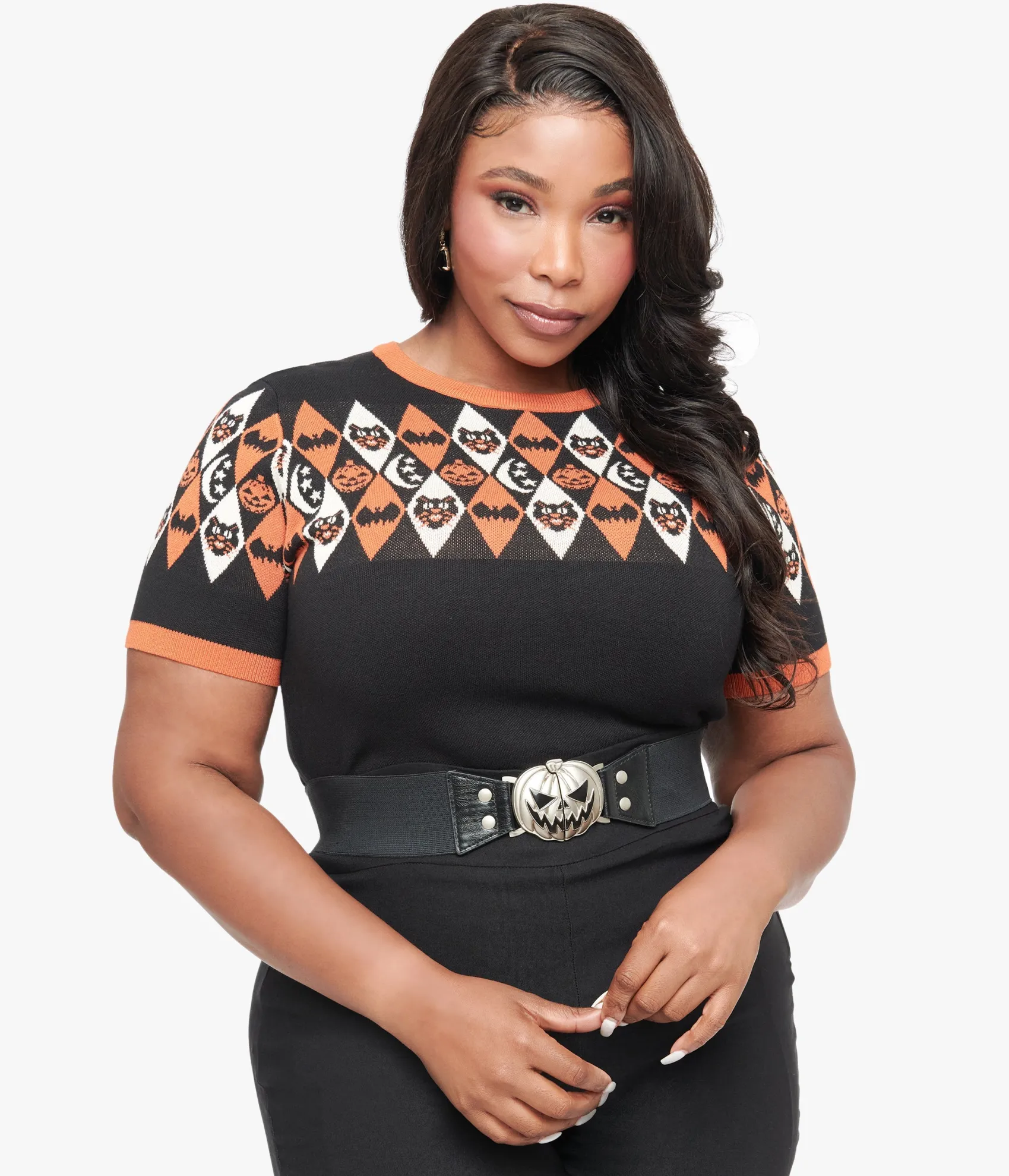 Unique Vintage Plus Size 1950s Black Halloween Argyle Sweater Discount
