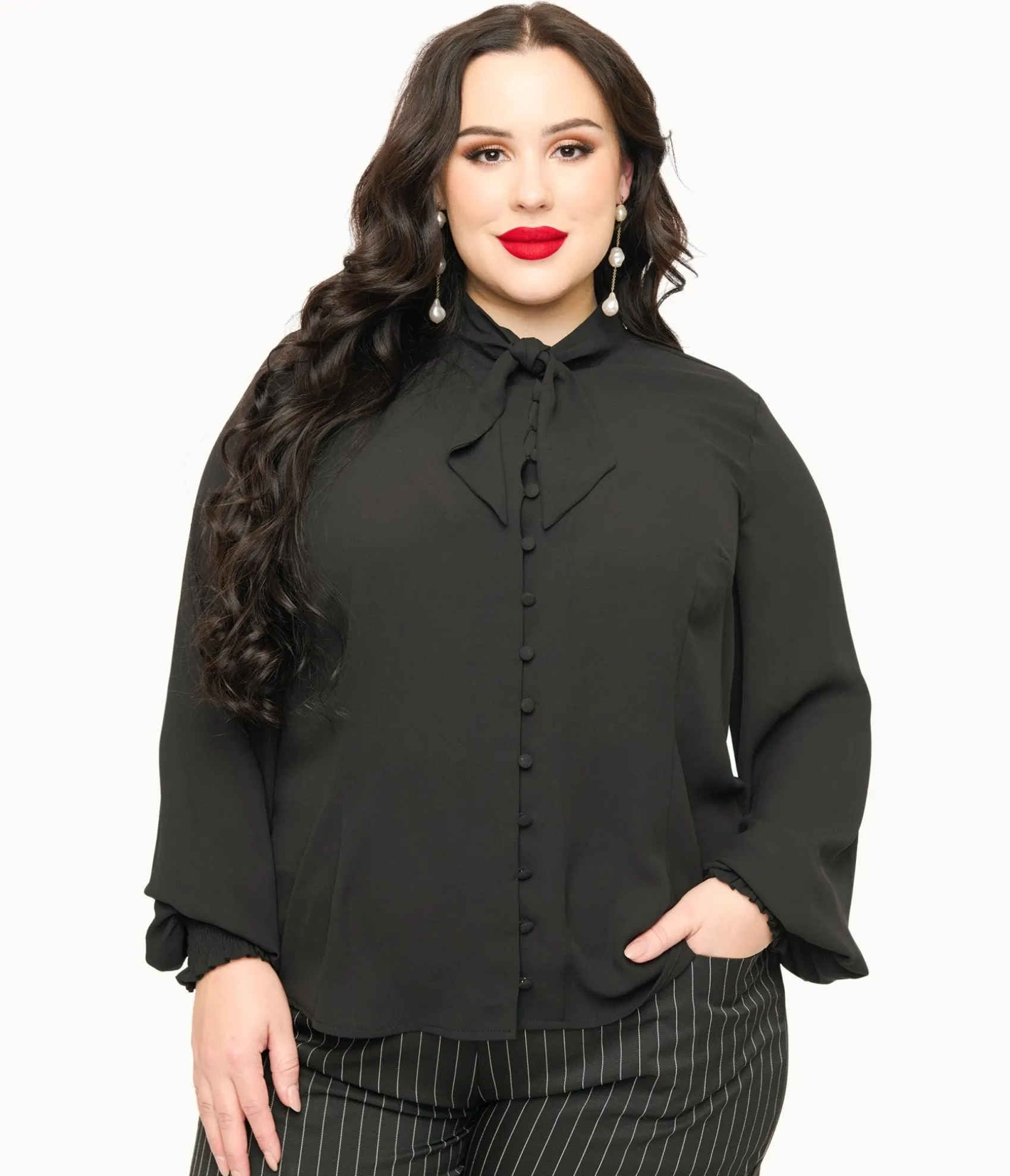 Unique Vintage Plus Size 1940s Black Neck Tie Blouse Online