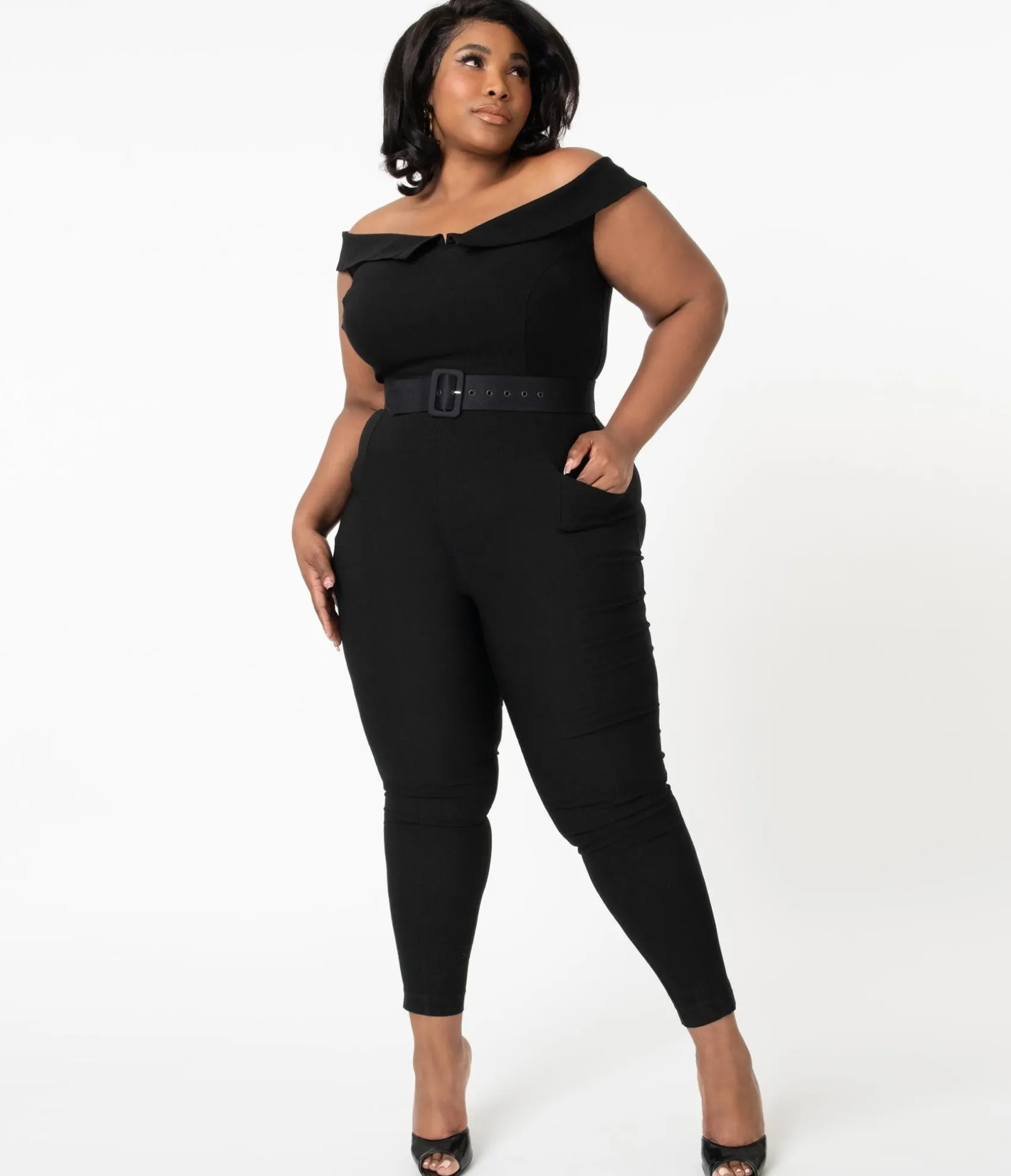 Unique Vintage Plus Size 1950s Black Off Shoulder Gillian Jumpsuit Flash Sale