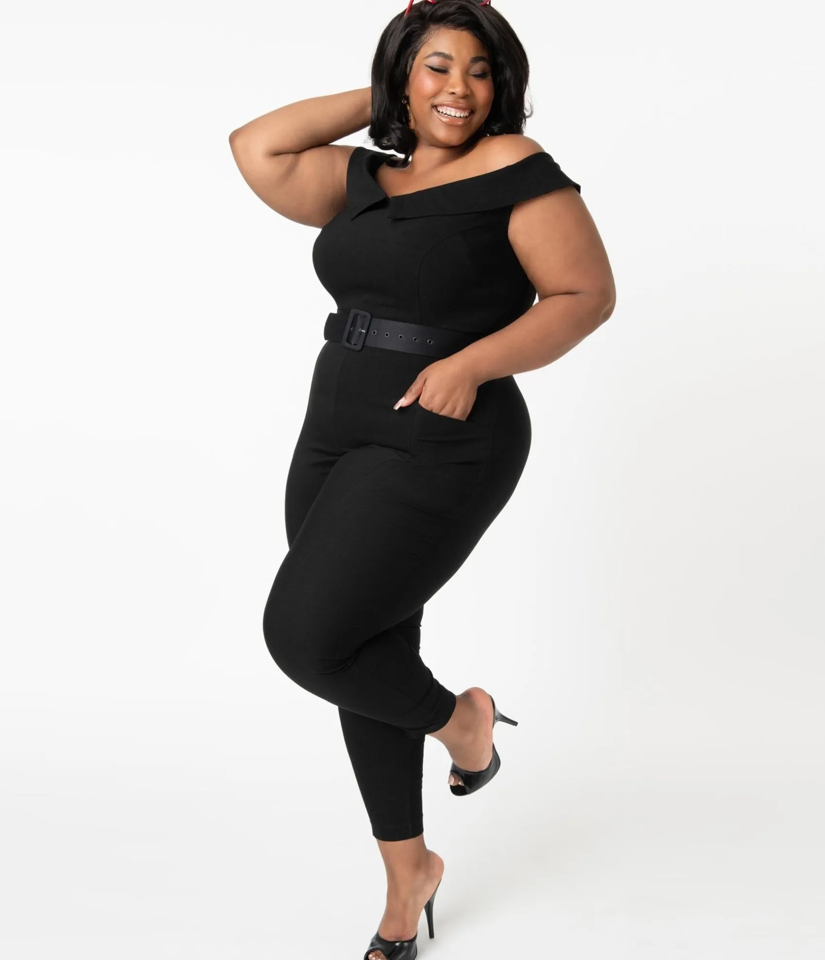 Unique Vintage Plus Size 1950s Black Off Shoulder Gillian Jumpsuit Flash Sale