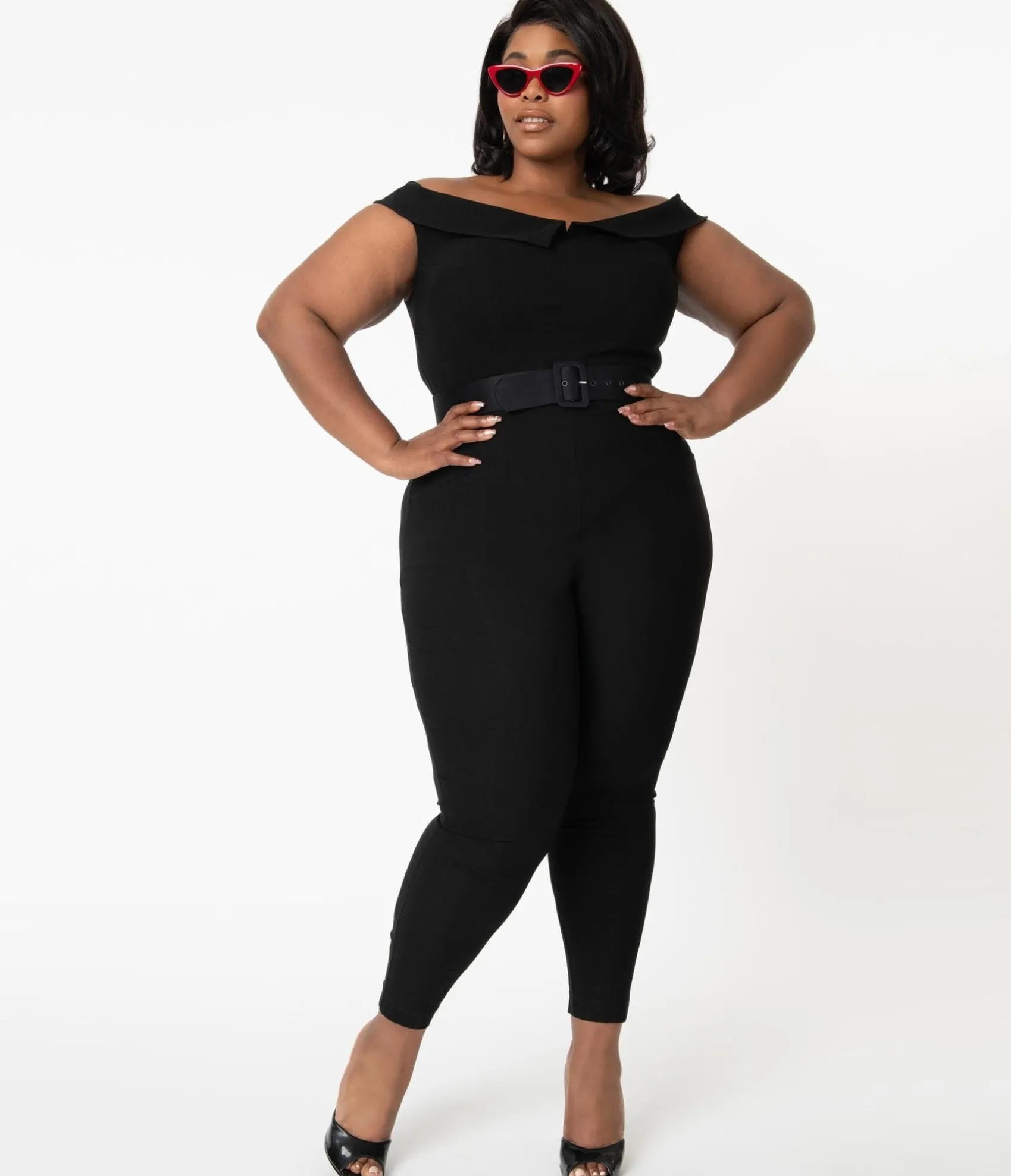 Unique Vintage Plus Size 1950s Black Off Shoulder Gillian Jumpsuit Flash Sale