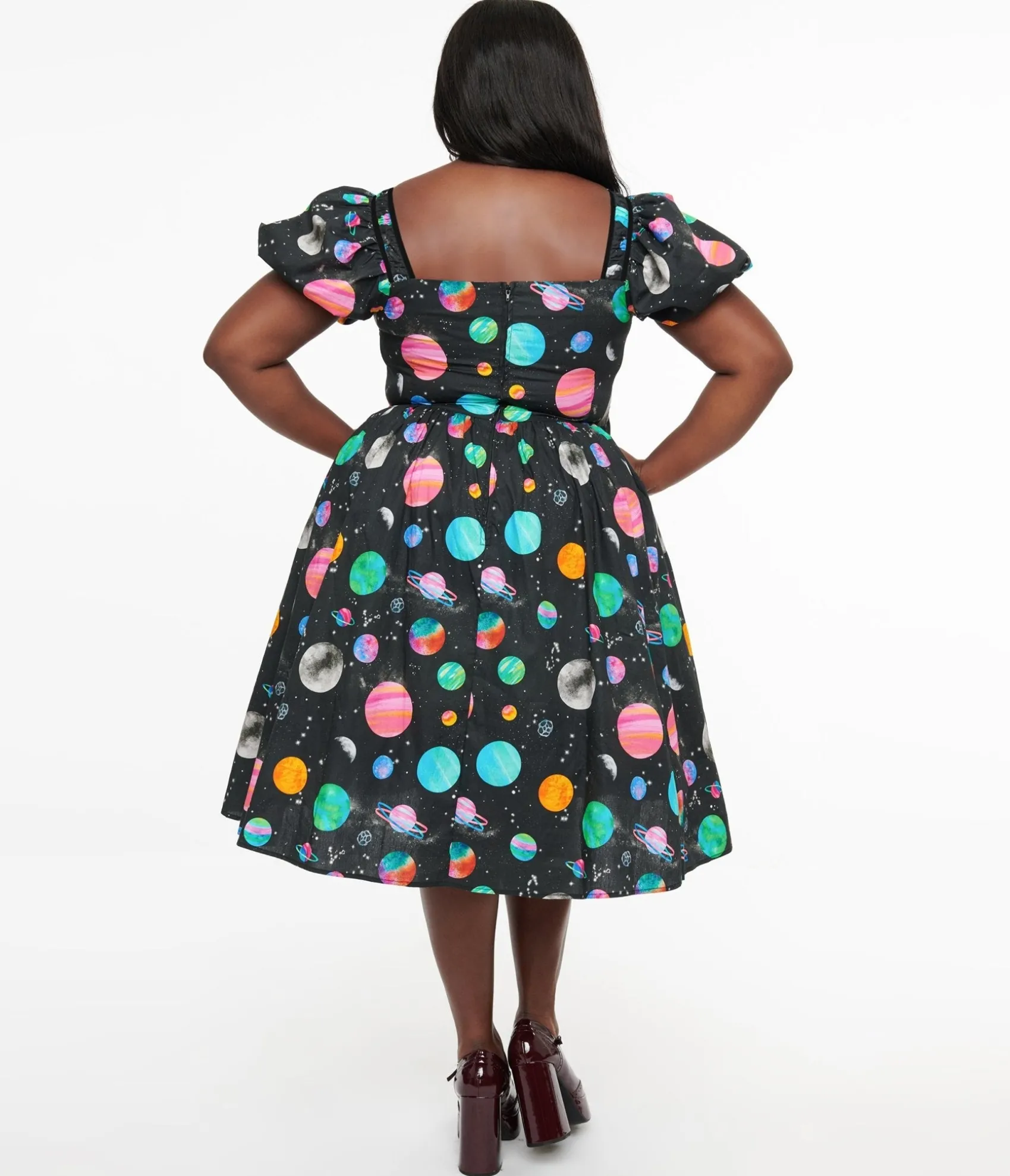 Unique Vintage Plus Size 1940s Black Planet Print Button Front Dress Store