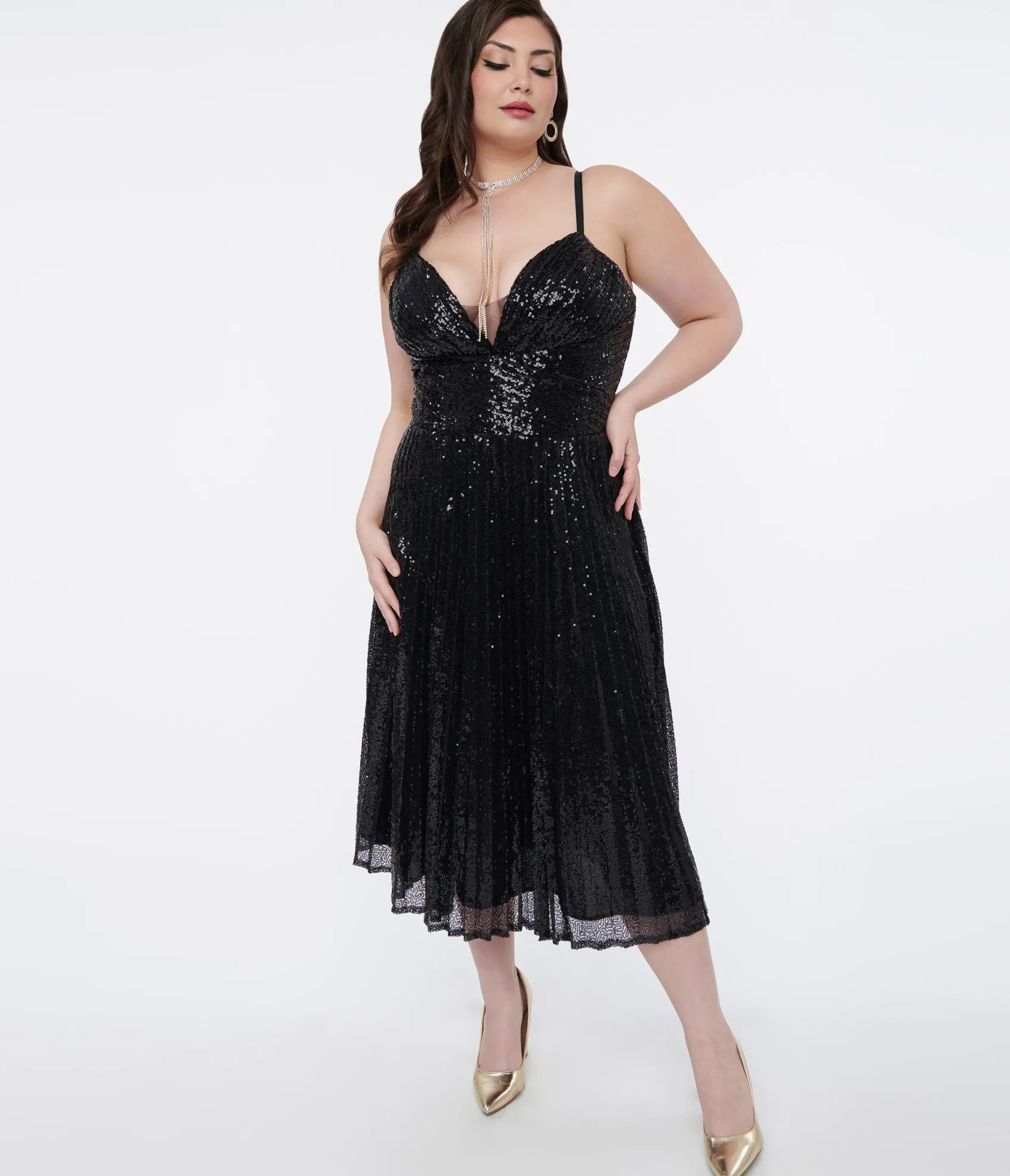 Unique Vintage Plus Size 1950s Black Pleated Sequin Swing Dress Store