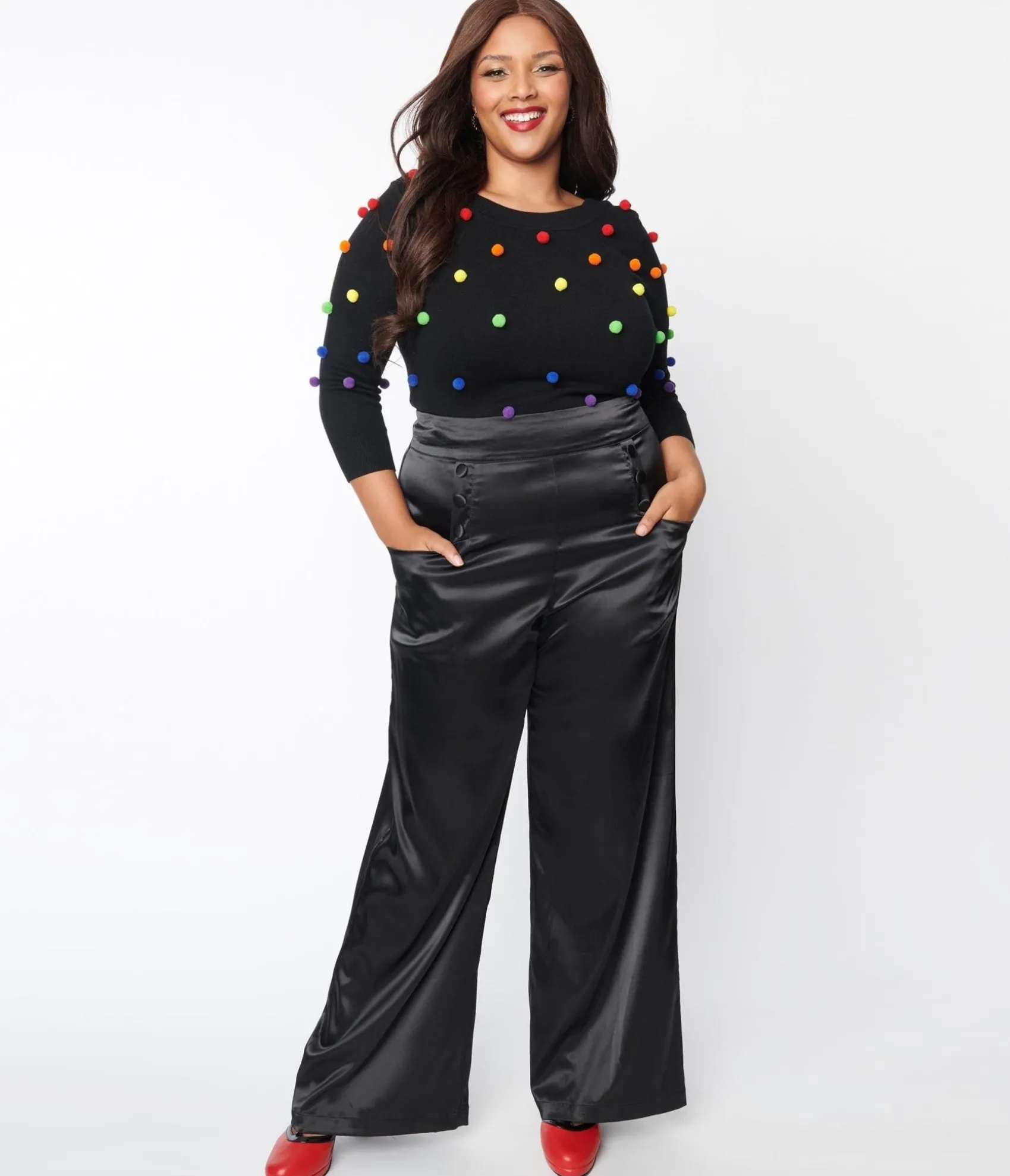 Unique Vintage Plus Size 1940s Black Satin High Waist Ginger Pants Outlet