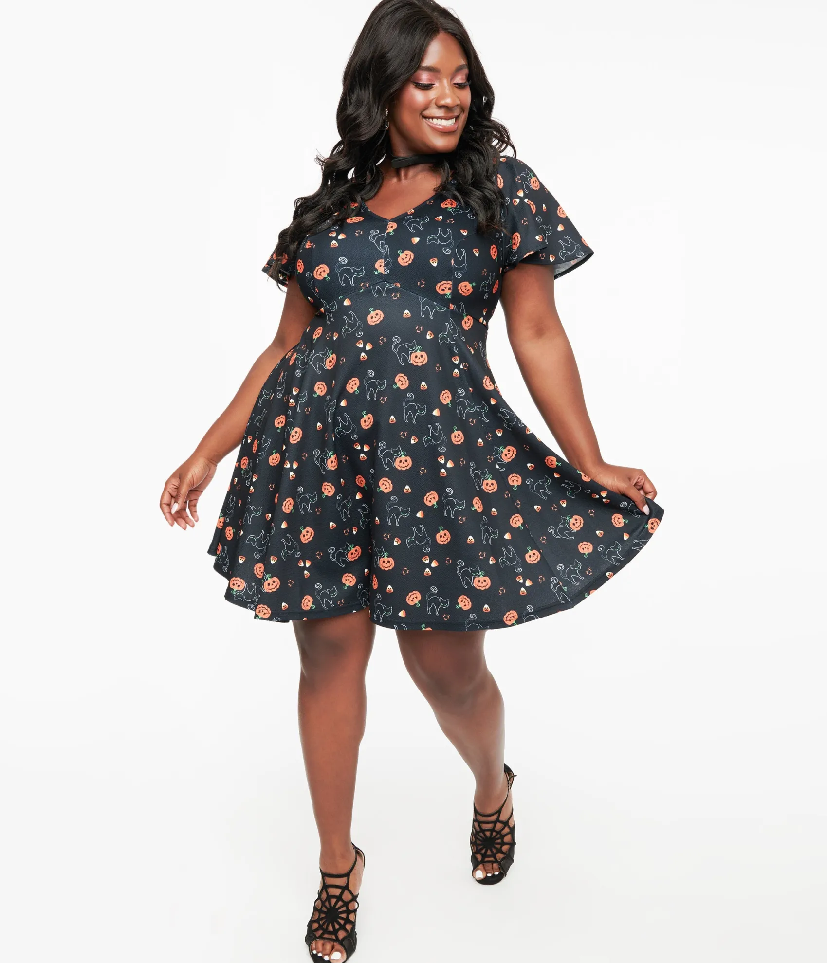 Unique Vintage Plus Size 1950s Black Spooky Cats & Pumpkins Poppy Flare Dress Best Sale
