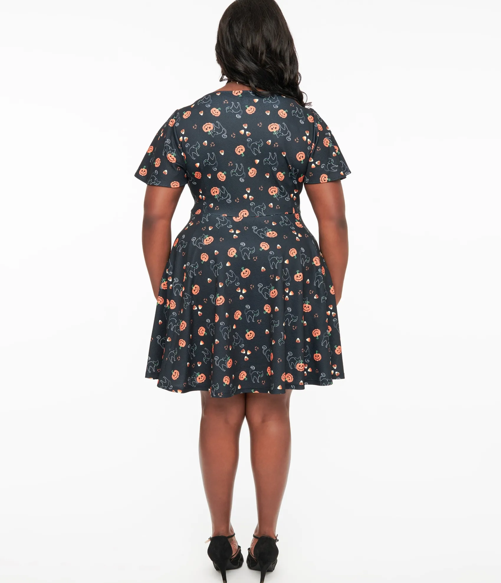 Unique Vintage Plus Size 1950s Black Spooky Cats & Pumpkins Poppy Flare Dress Best Sale