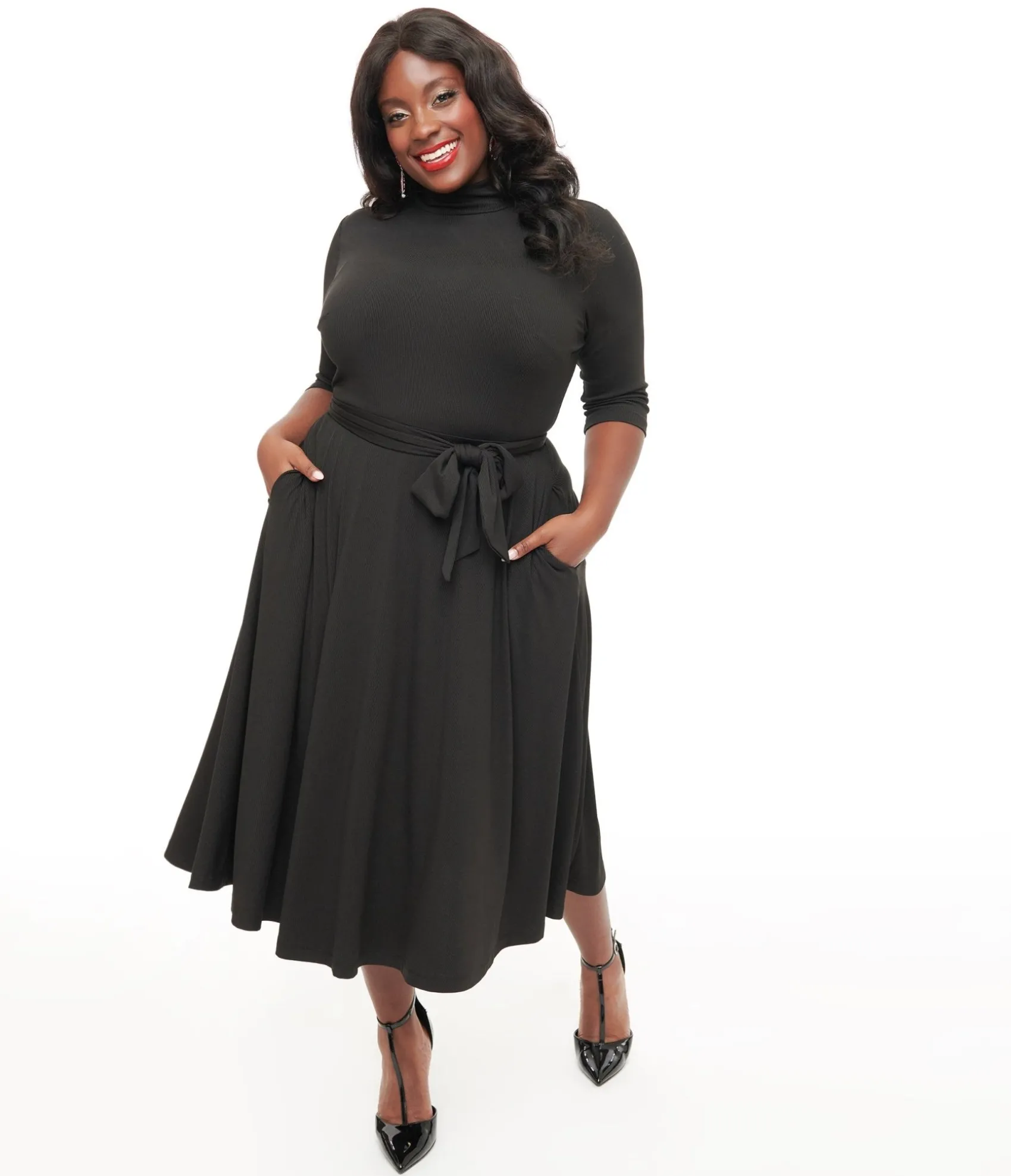Unique Vintage Plus Size 1950s Black Turtleneck Midi Dress Best Sale